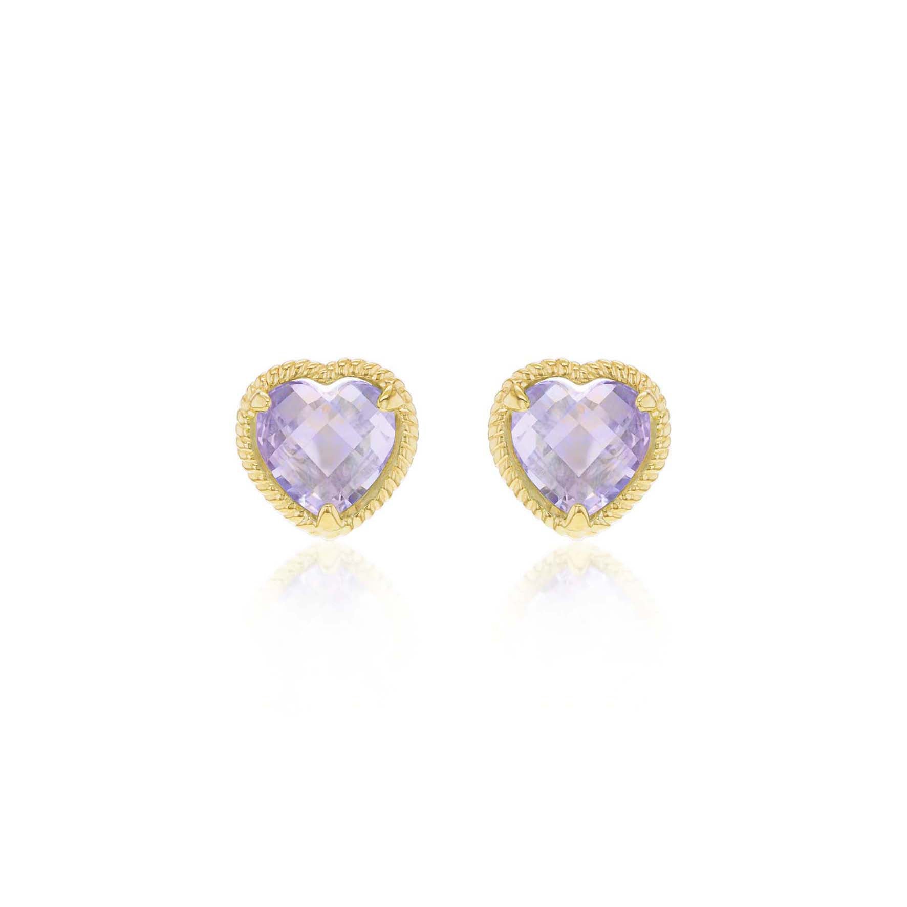 9ct Yellow Gold Amethyst Heart Stud Earrings
