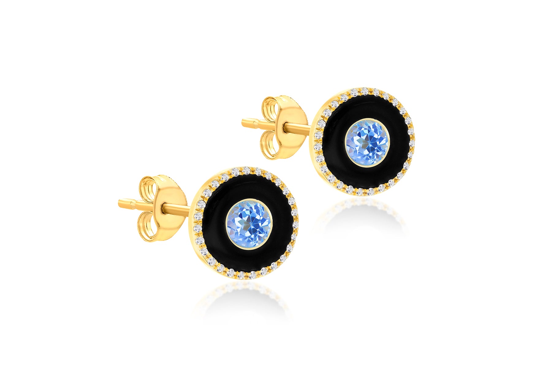 9ct Yellow Gold Blue Topaz and 52 x 0.5ct Round Diamond Stud Earrings