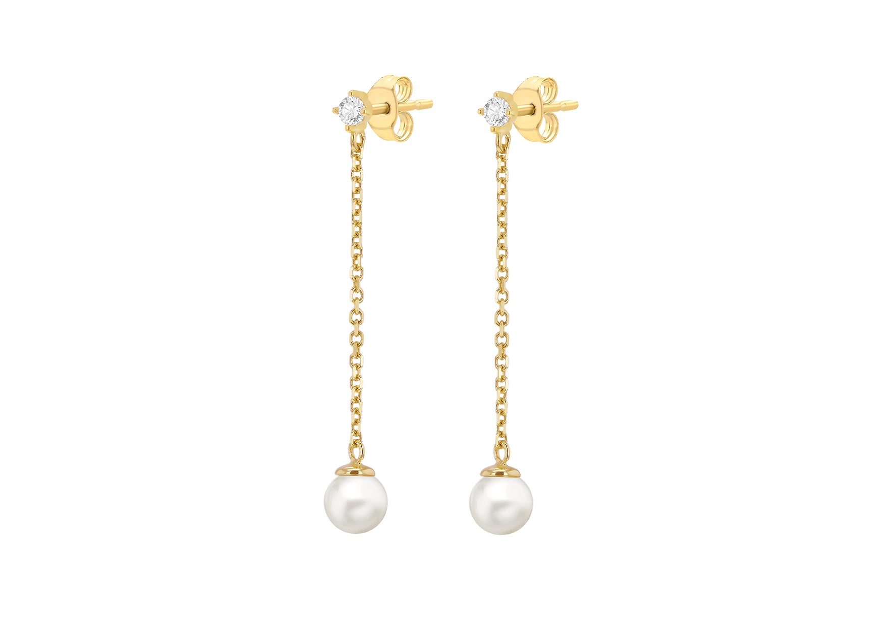 9ct Yellow Gold White Zirconia and Pearl Chain Drop Stud Earrings