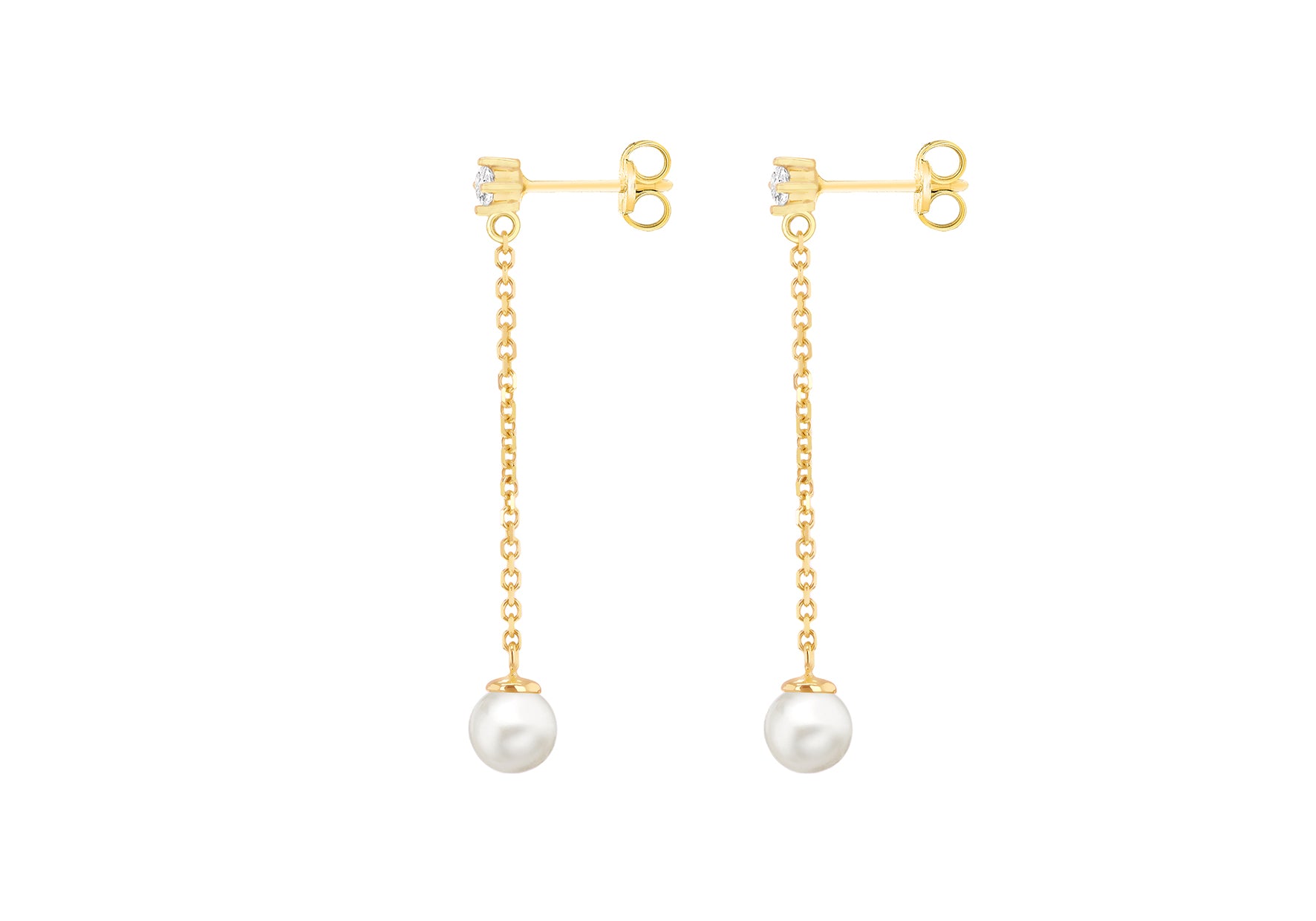 9ct Yellow Gold White Zirconia and Pearl Chain Drop Stud Earrings