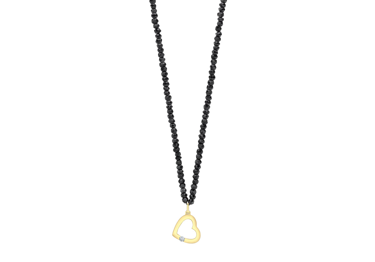 9ct Yellow Gold 0.03ct Diamond Open Heart Black Spinel Necklace