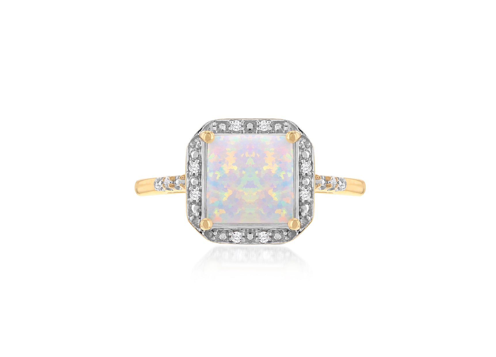 9ct Yellow Gold 0.03ct Diamond & Opal Square Halo Ring