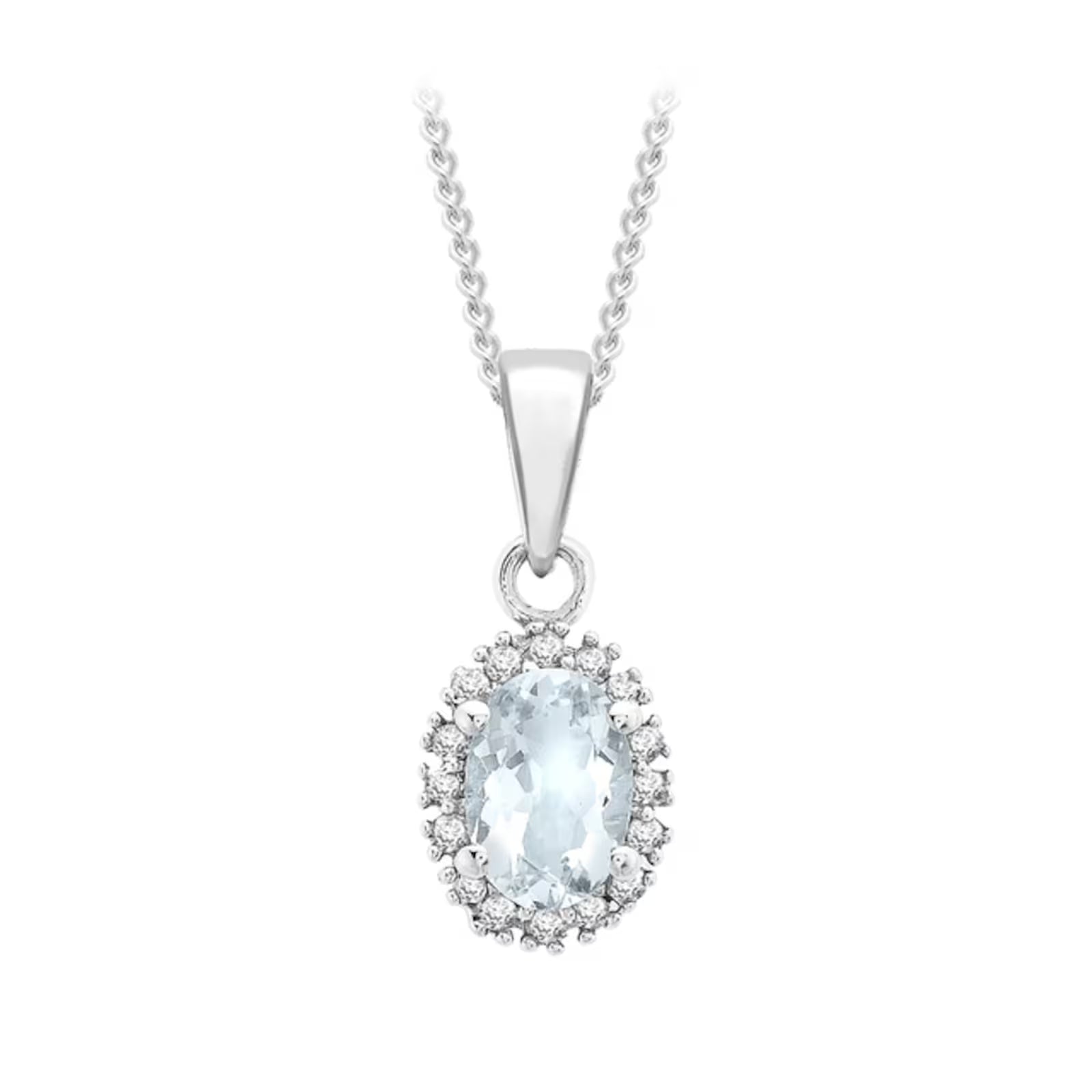 9ct White Gold 0.05ct Diamond & Aquamarine Cluster Pendant