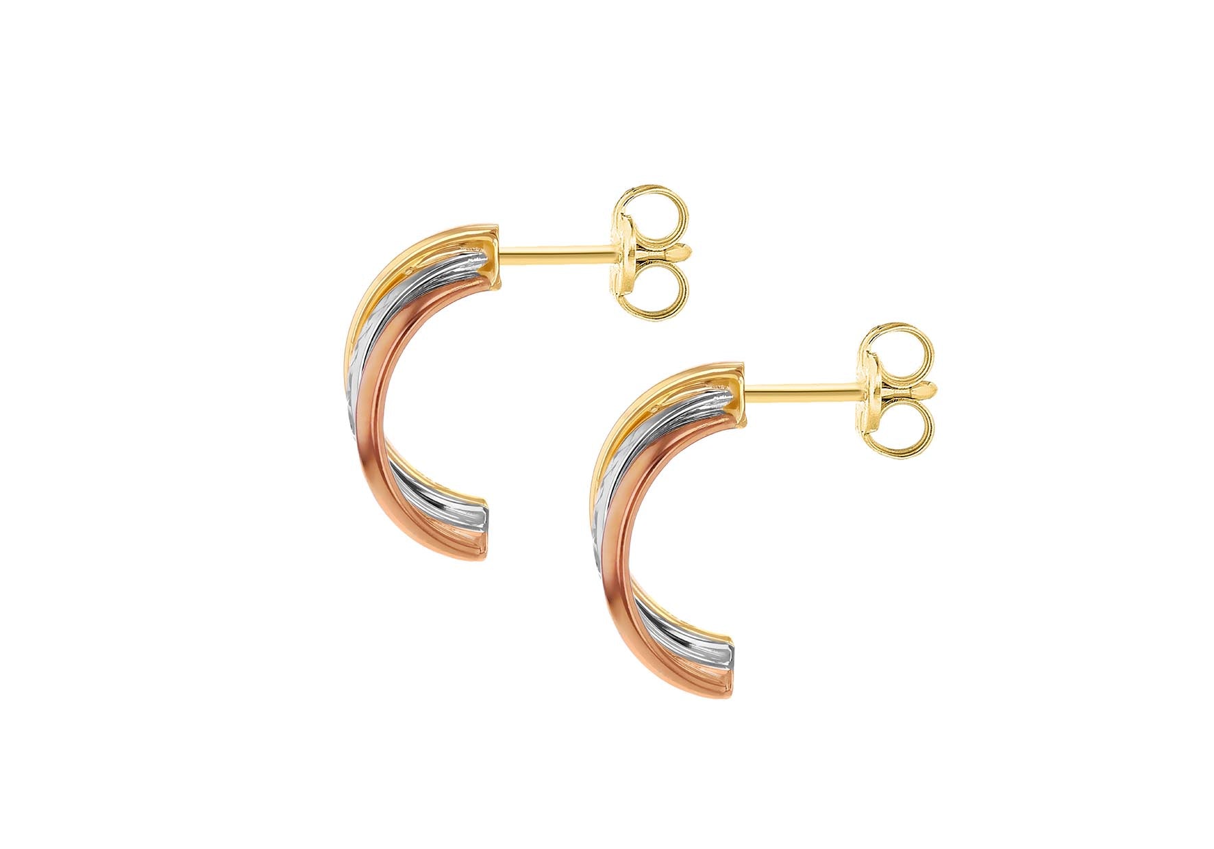 9ct Triple-Tone Gold Crescent Stud Earrings