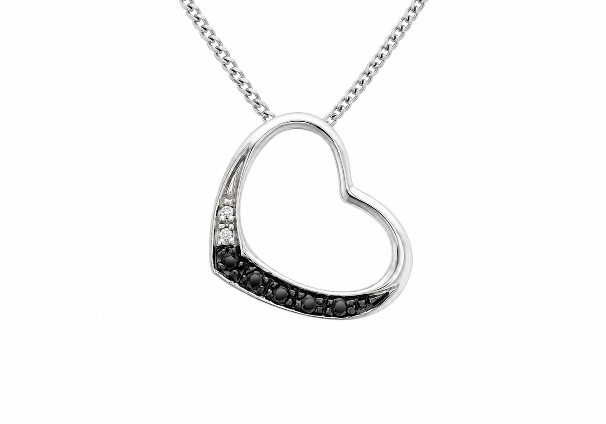 9ct White Gold 0.08ct Black & White Diamond Heart Slider Pendant
