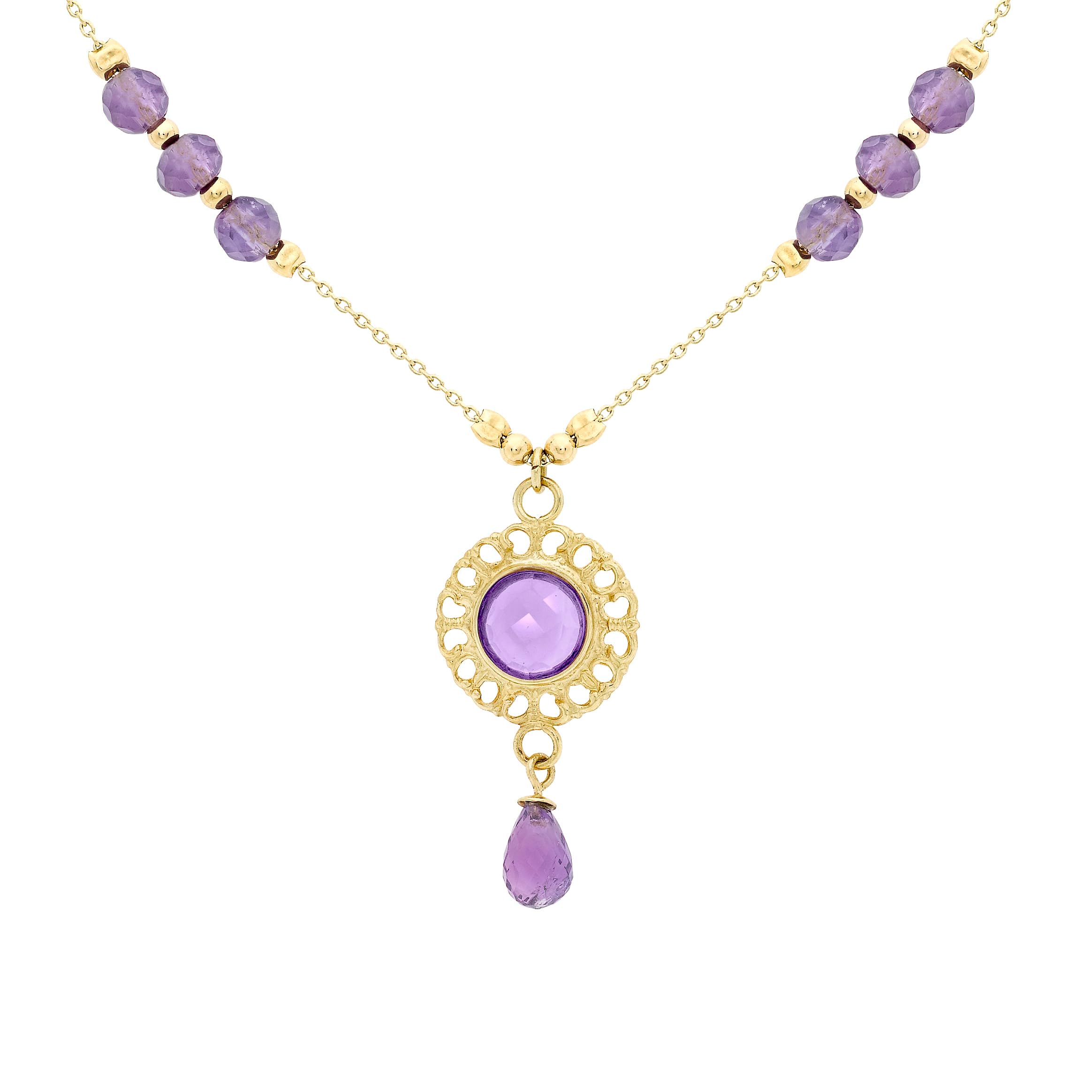 9ct Yellow Gold Amethyst Disc Drop Necklace