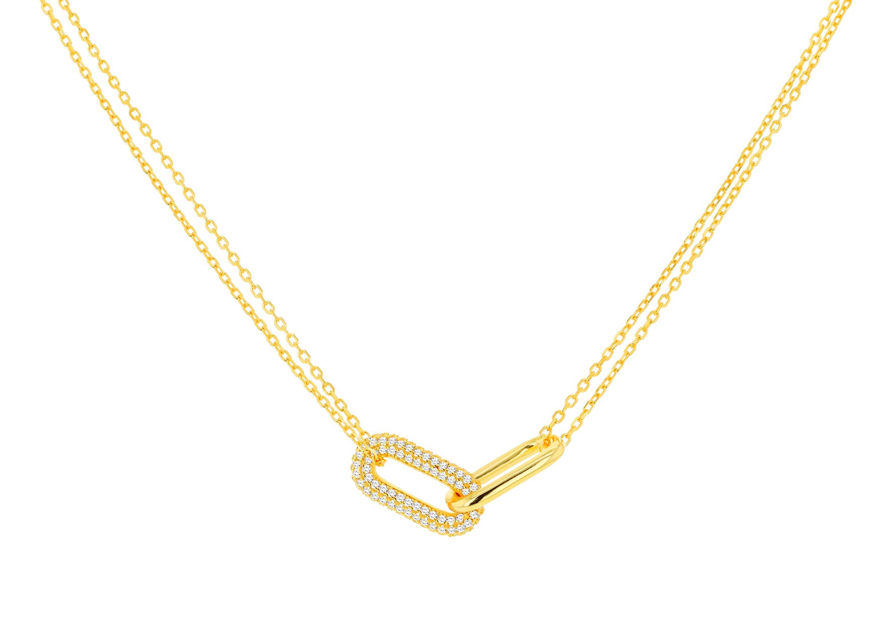 Gold Plated Sterling Silver Interlinked Paper Link Zirconia Necklace