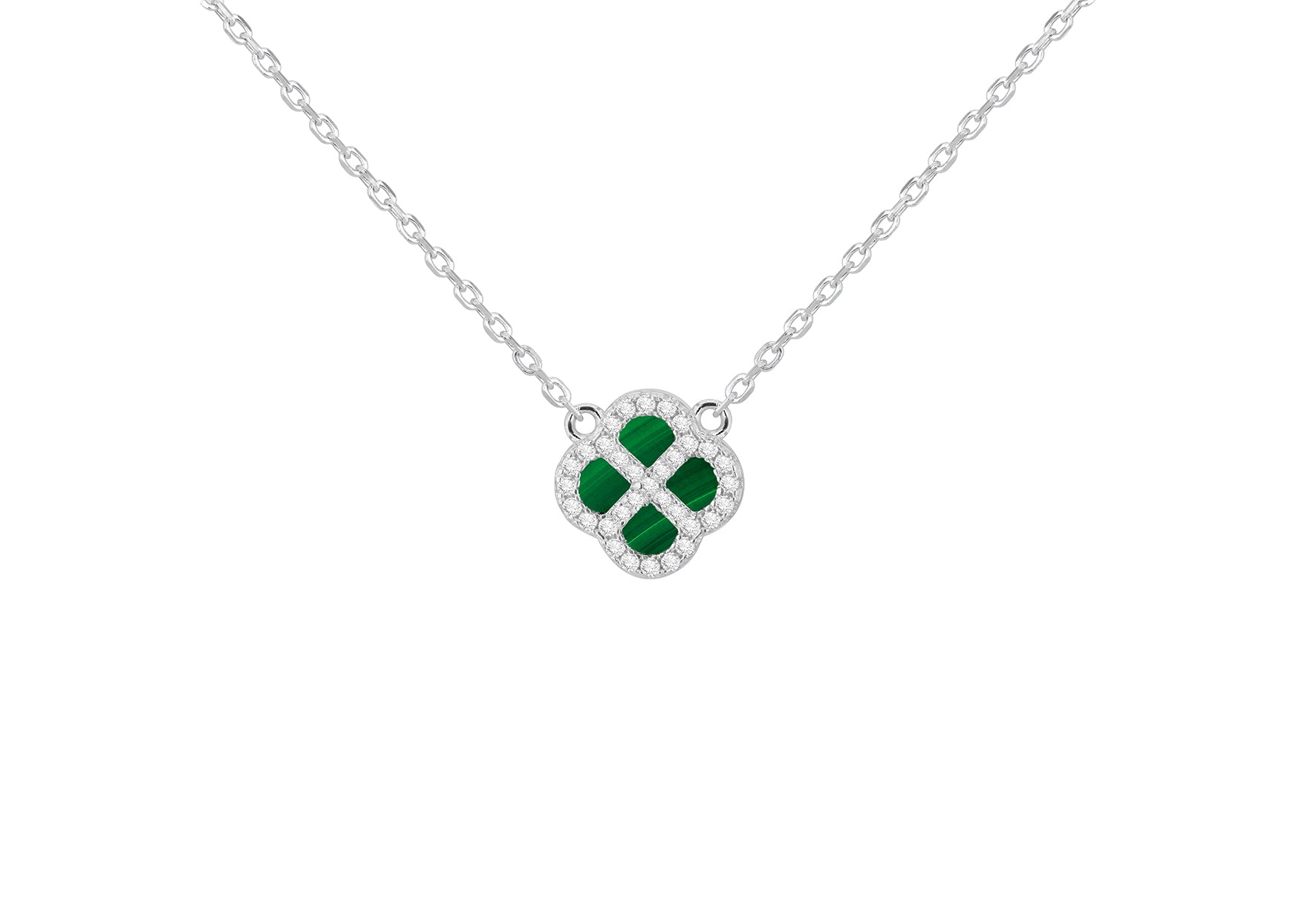 Sterling Silver Malachite & Zirconia Clover Pendant