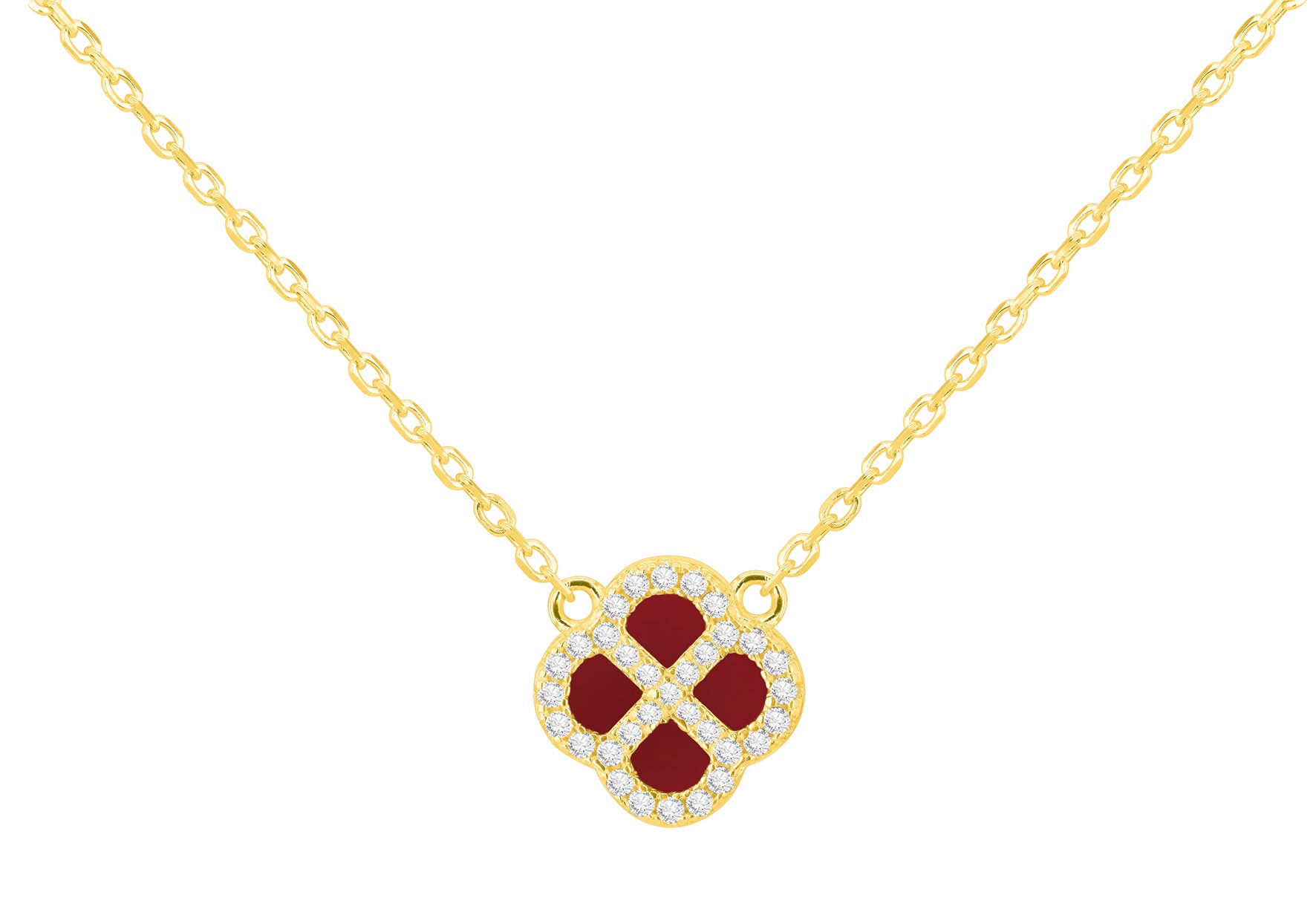 Yellow Gold Plated Sterling Silver Red Agate & Zirconia Clover Pendant