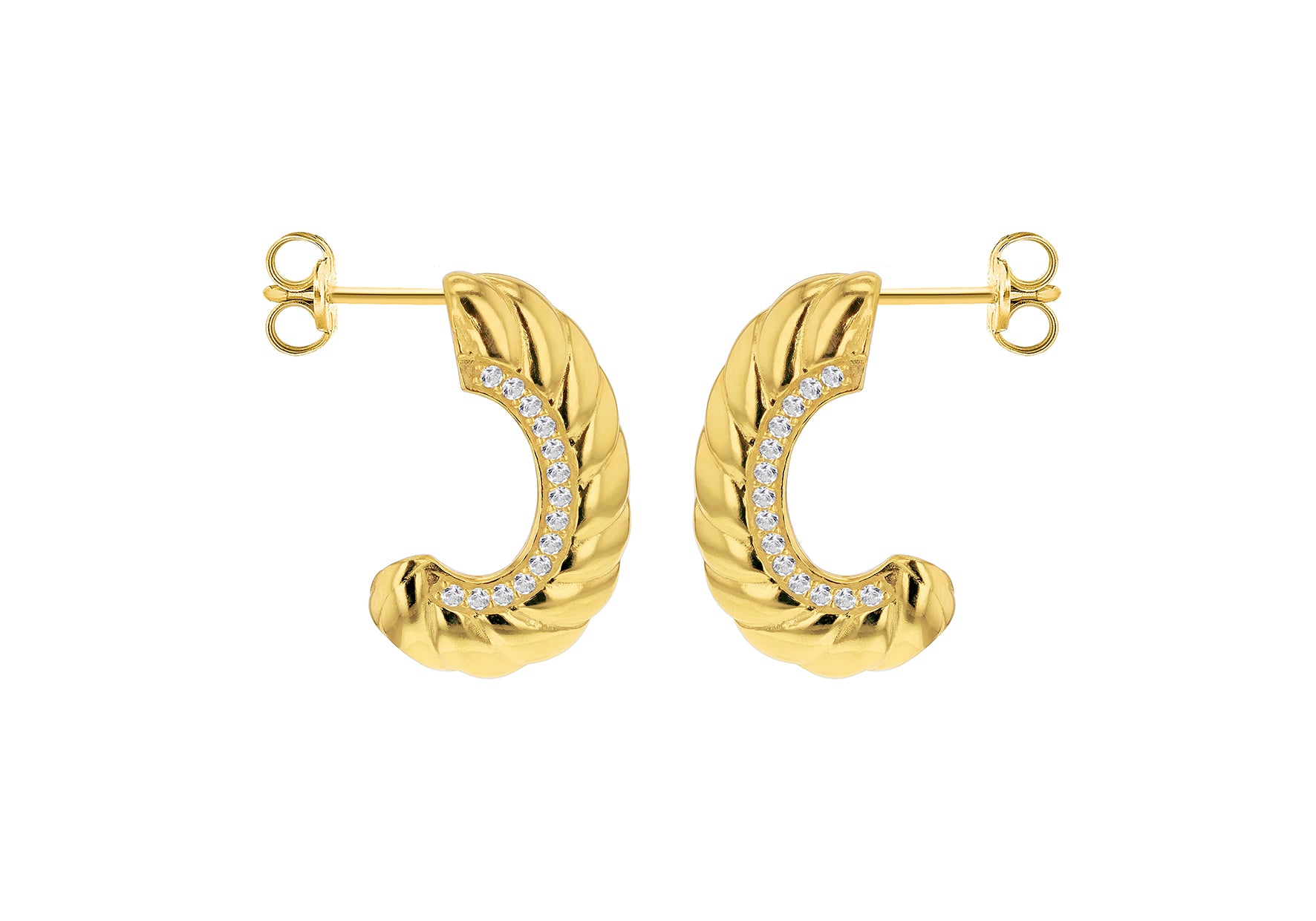 Gold Plated Sterling Silver Ribbed Zirconia Open Hoop Earrings