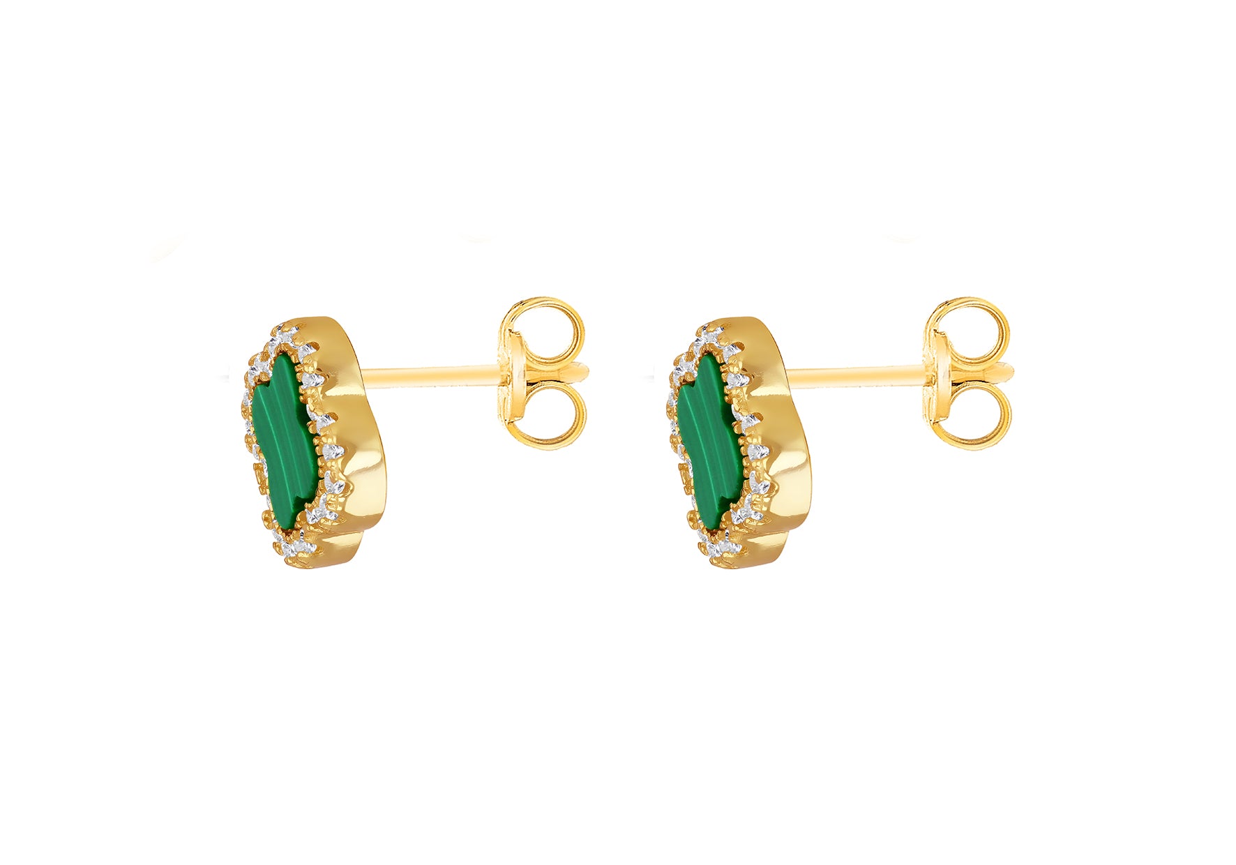 Yellow Gold Plated Sterling Silver Malachite Clover Stud Earrings