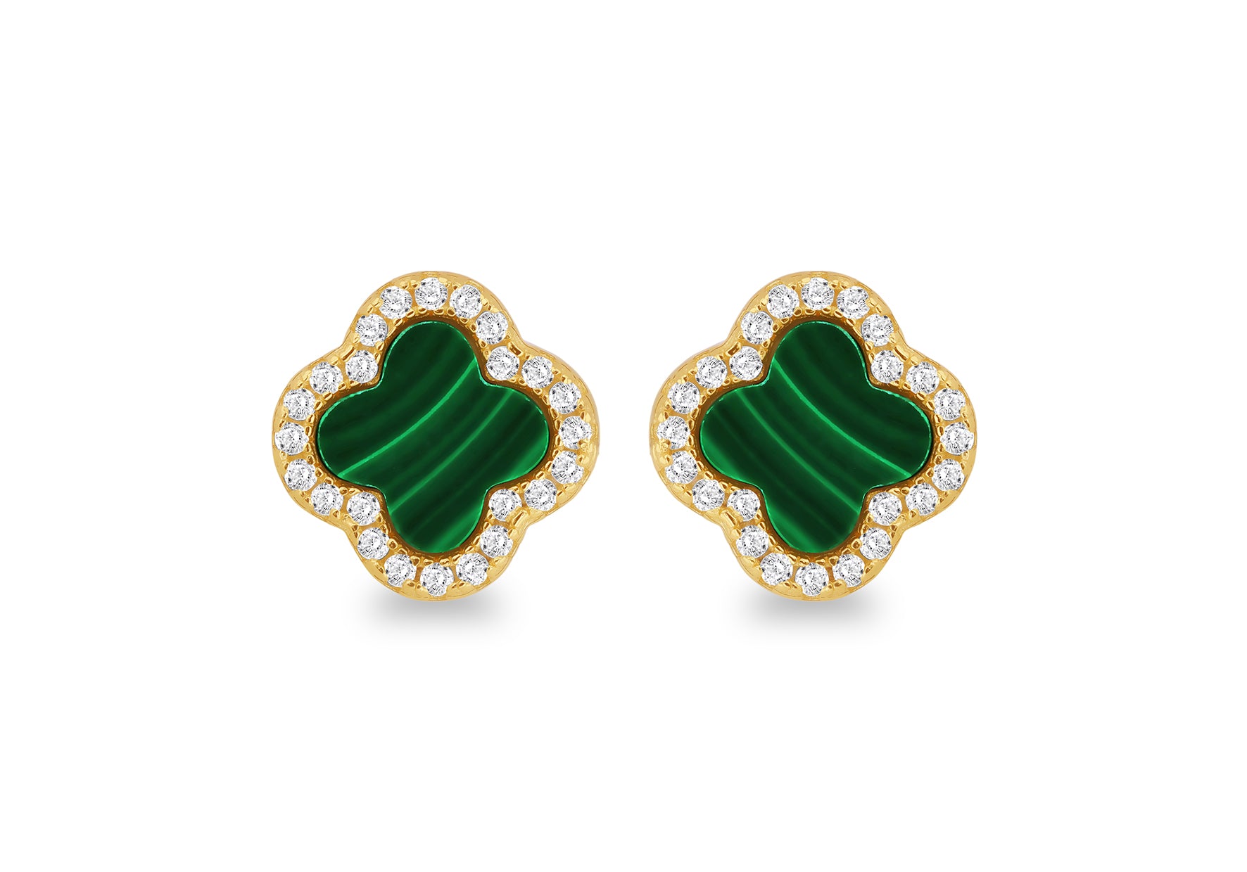 Yellow Gold Plated Sterling Silver Malachite Clover Stud Earrings