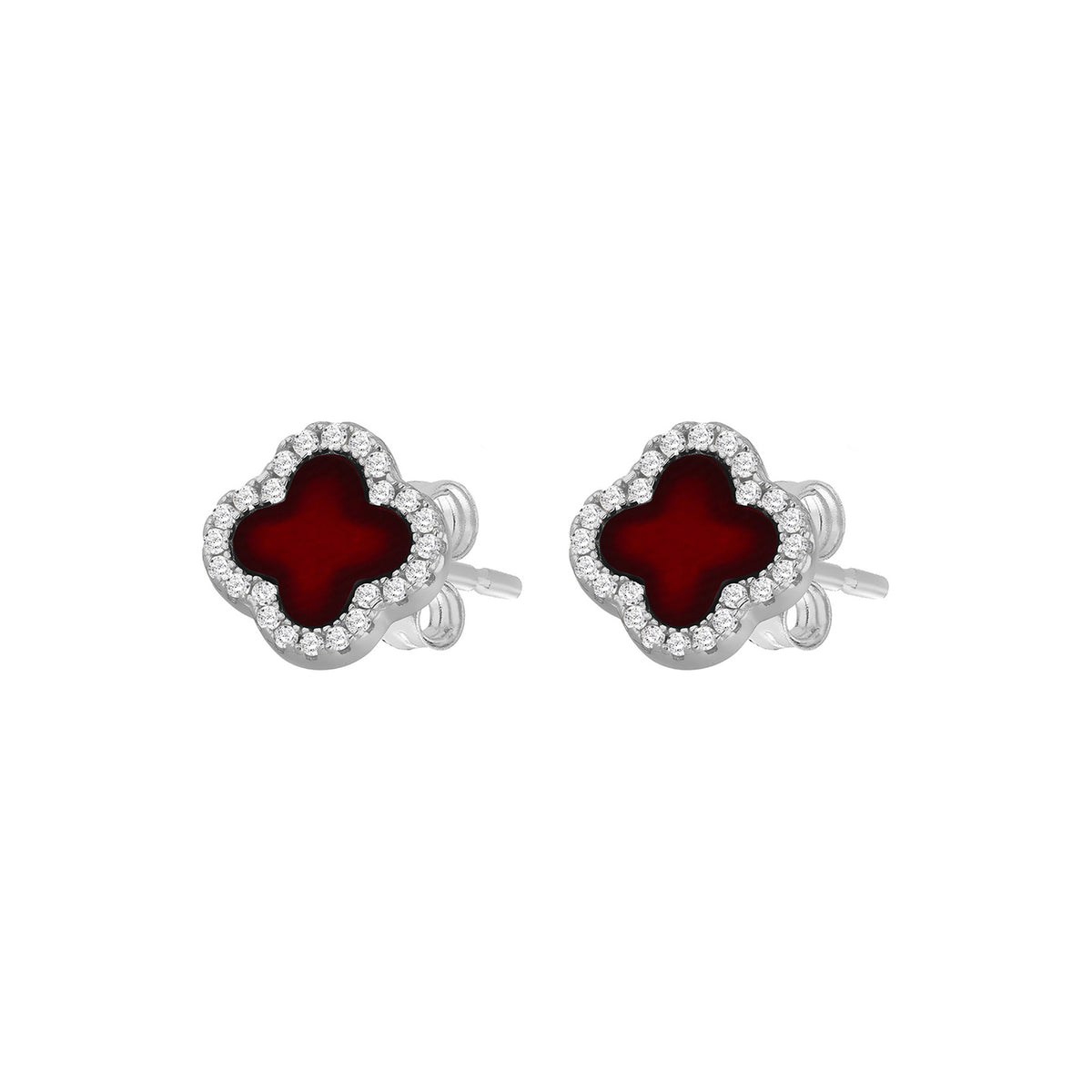 Sterling Silver Red Agate & White Zirconia Clover Stud Earrings