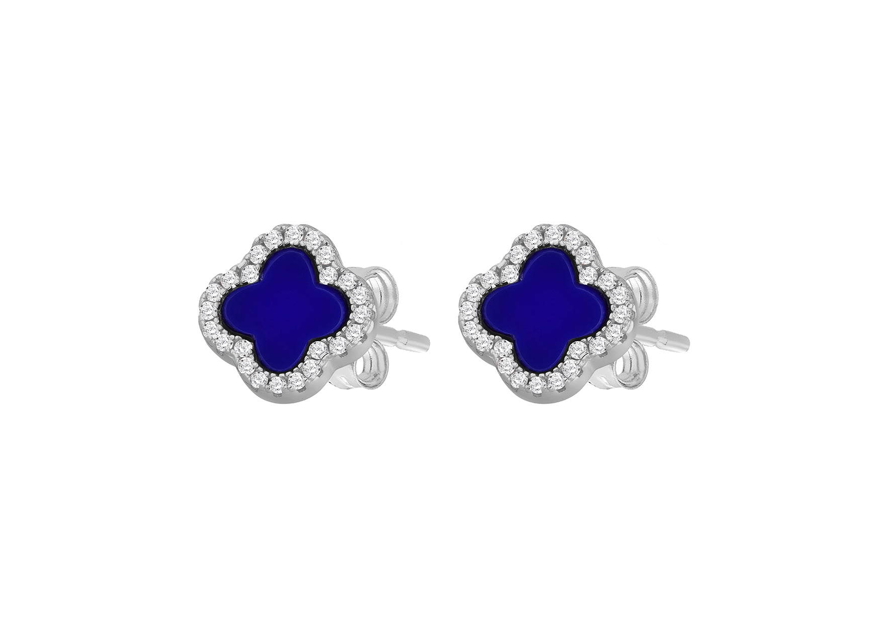 Sterling Silver Blue Lazurite & White Zirconia Clover Stud Earrings