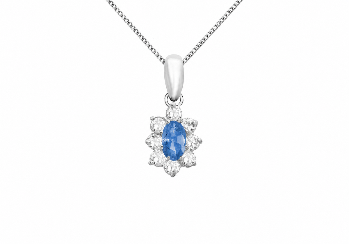 9ct Gold Blue & White Zirconia Marguerite Cluster Pendant Necklace