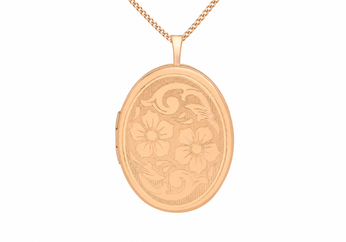 9ct Rose Gold Etched Flower Detail Oval Locket