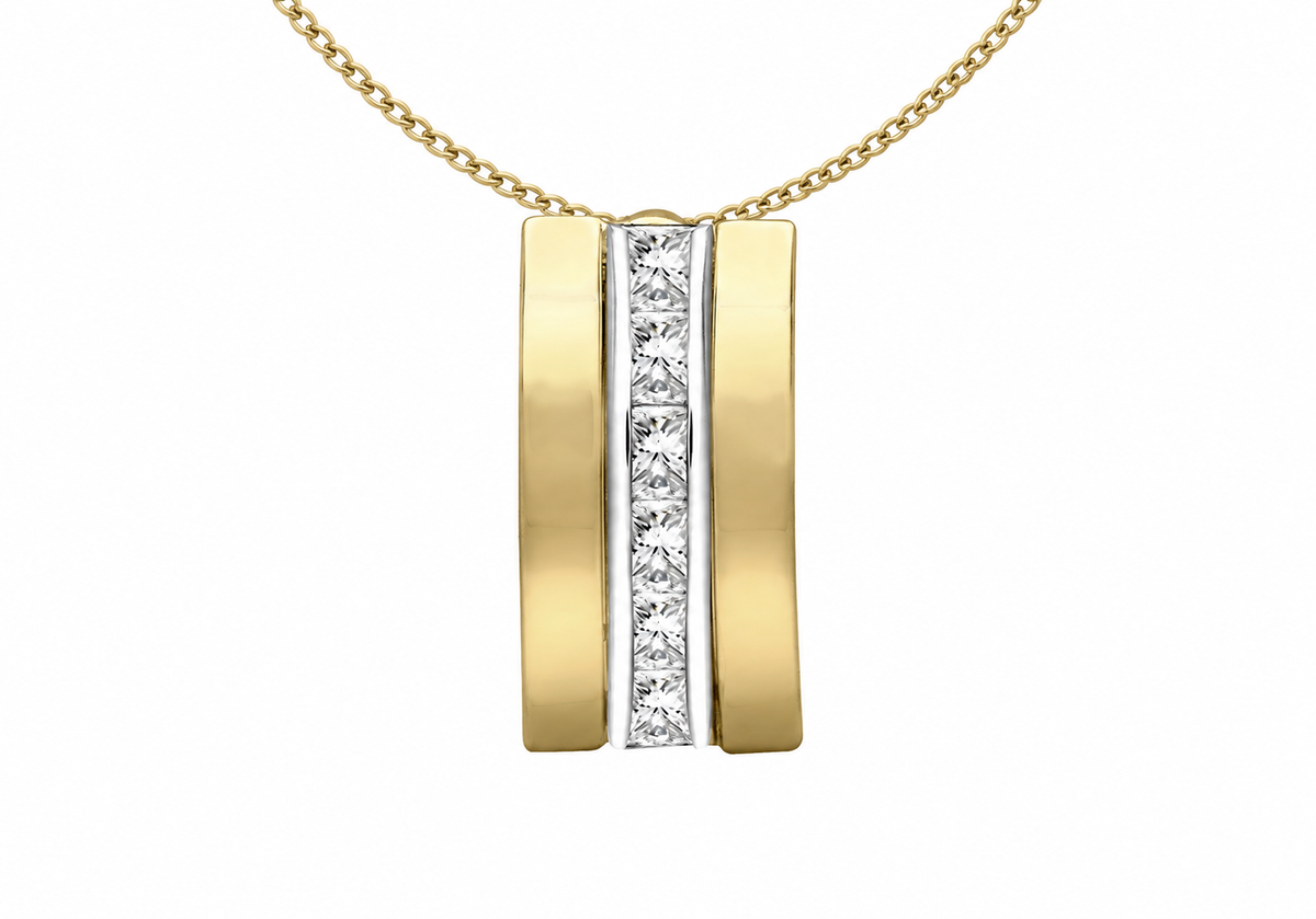 A yellow gold pendant necklace featuring two vertical bars with a central channel of small clear stones, shown on a white background.