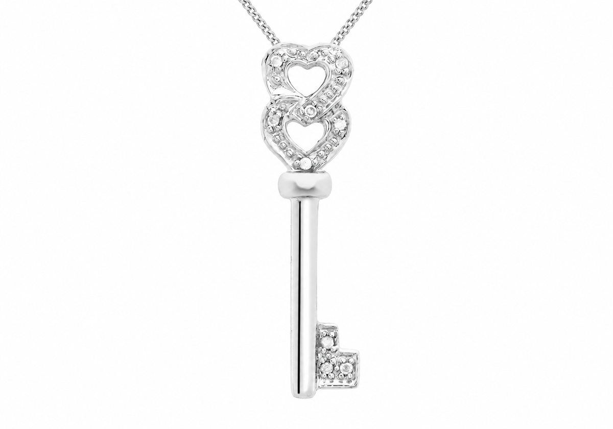 9ct White Gold 0.05ct Diamond Intertwined Hearts Key Pendant