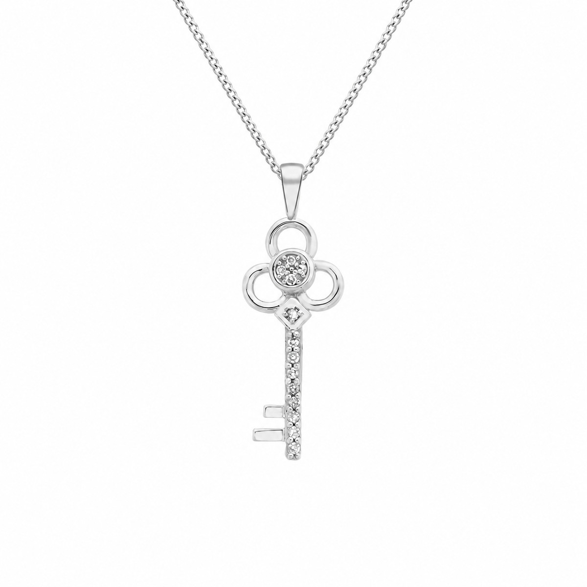 9ct White Gold 0.05ct Diamond Trefoil Key Pendant
