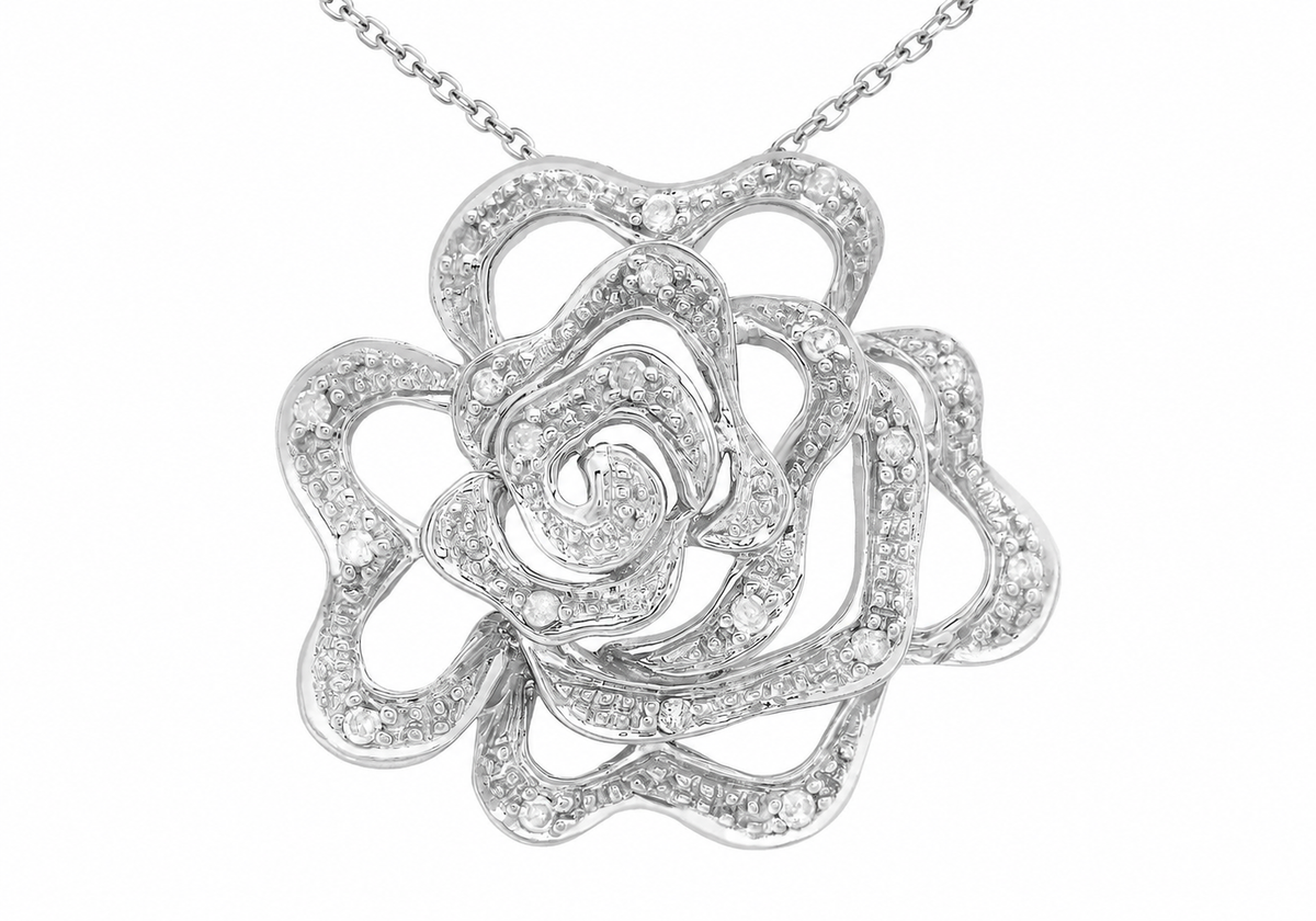 9ct White Gold 0.10ct Diamond Rose Pendant