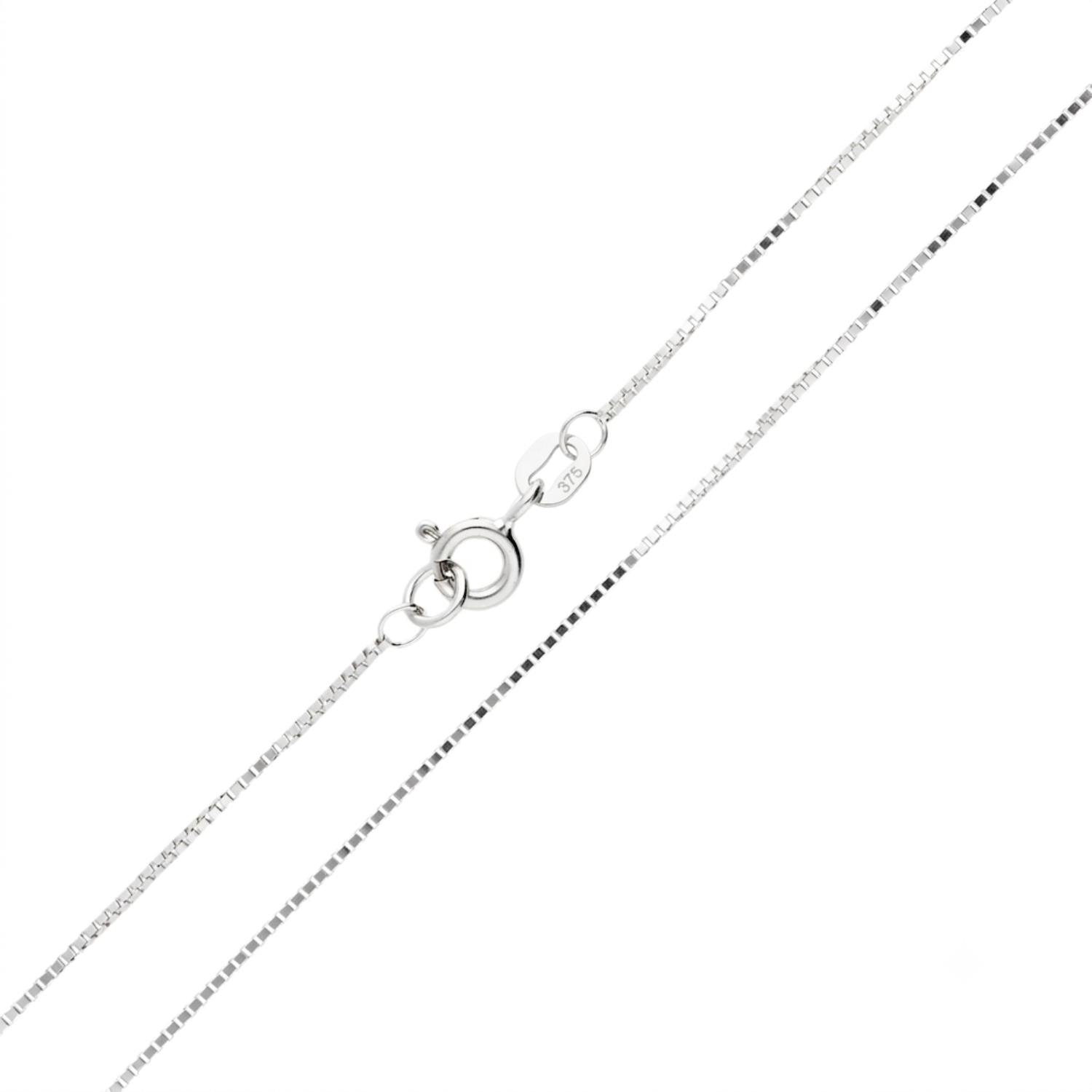 This chain is built from a continuous run of small square box links, each one uniform in size and polished to a bright finish. At 15 gauge it's genuinely fine — light enough to layer under a pendant without adding bulk of its own, and finished smooth enough that it sits flat against the skin rather than twisting. It fastens with a spring ring clasp, marked with the 375 hallmark confirming 9ct gold.
Details:
9ct white gold
15 gauge box chain, polished finish
Spring ring clasp
