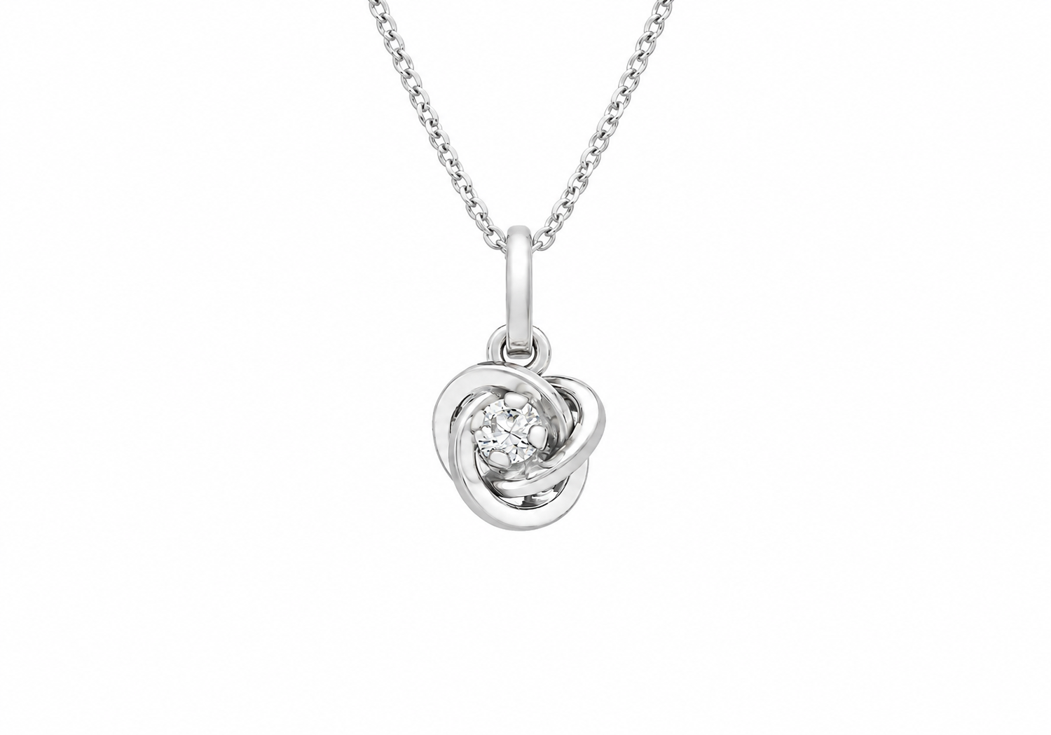 A silver necklace with a knot pendant featuring a small clear gemstone in the center, shown against a plain white background.