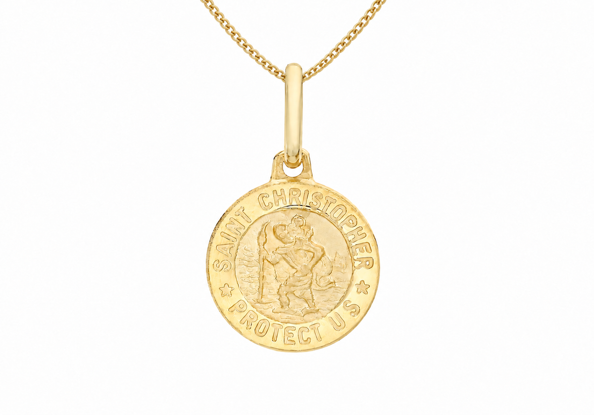 A gold Saint Christopher pendant necklace on a fine gold chain, shown against a plain white background.