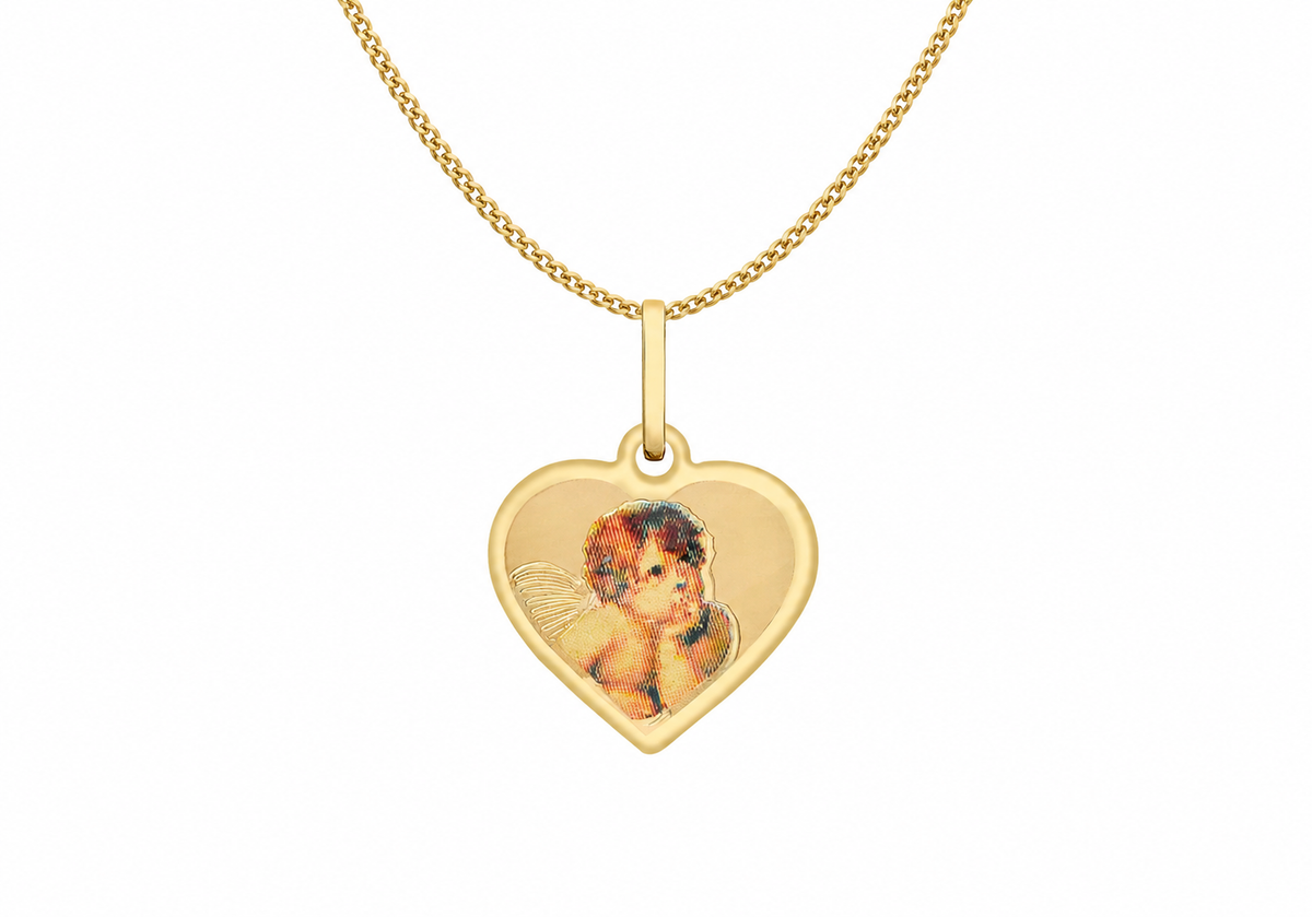 9ct Yellow Gold 14mm Cherub Heart Satin Pendant