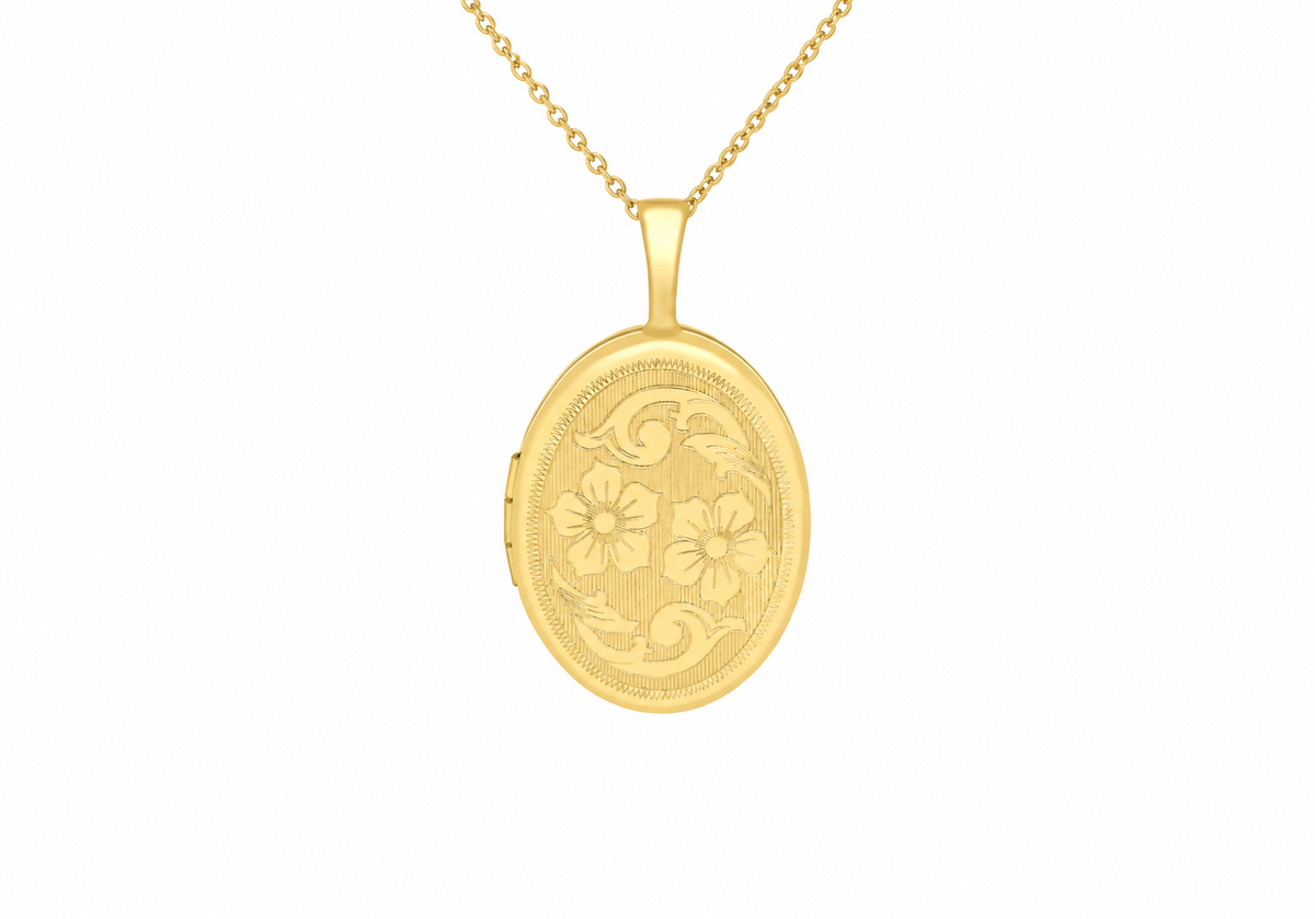 9ct Yellow Gold Etched Flower Detail Oval Locket