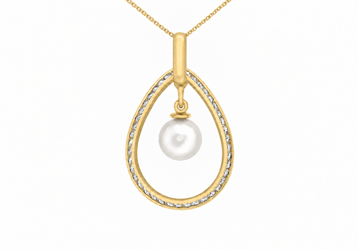 9ct Yellow Gold Freshwater Pearl & Zirconia Teardrop Pendant