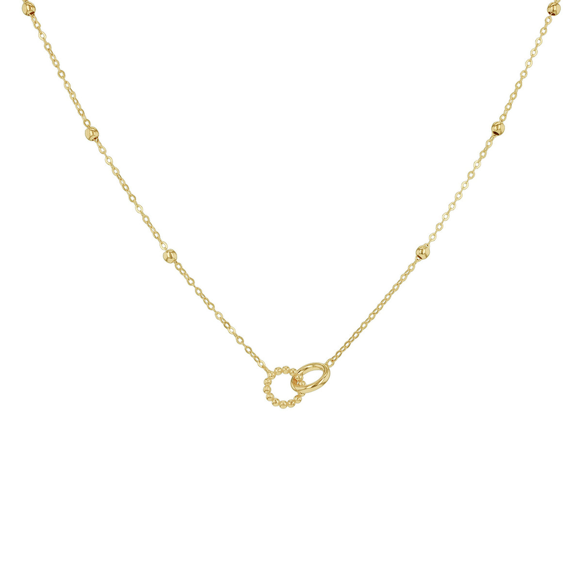 A delicate yellow gold chain necklace featuring small bead accents along the chain and a central double interlocking ring pendant, shown against a plain white background.
Details