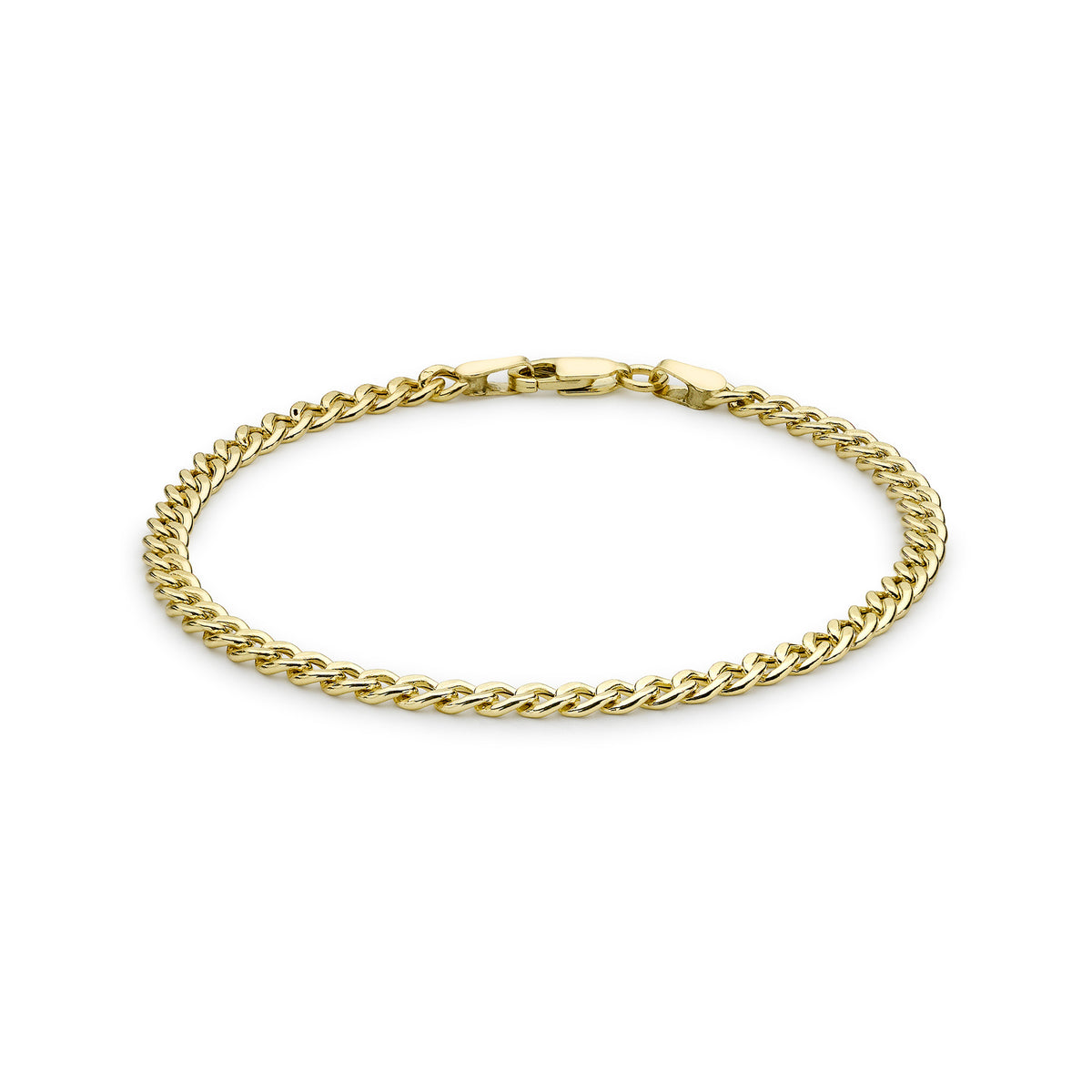 A polished yellow gold curb link chain bracelet with a spring-ring clasp, displayed on a clean white background.