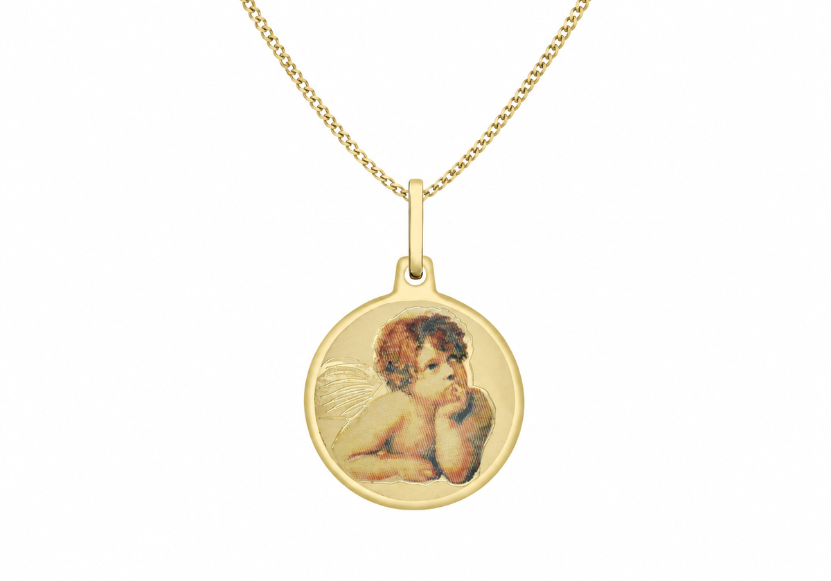 9ct Yellow Gold Raphael Cherub Round Satin Pendant