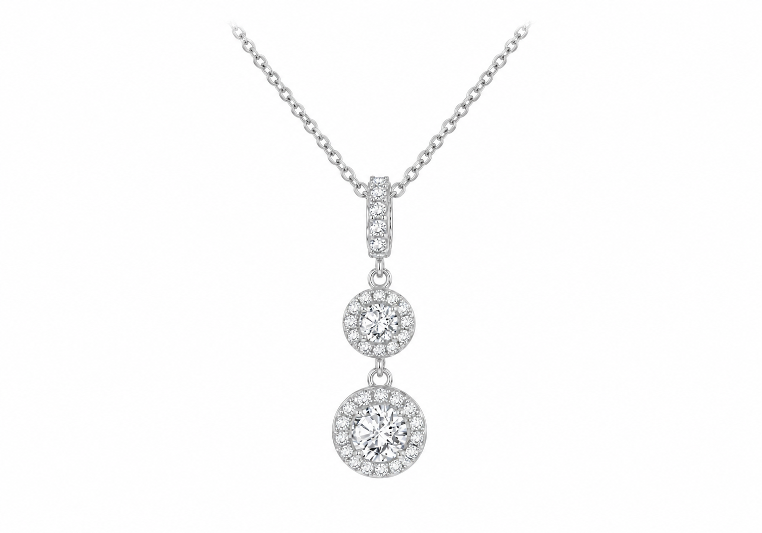 A silver-toned necklace with a multi-stone dangle pendant featuring three graduated round diamond clusters, shown against a plain white background.