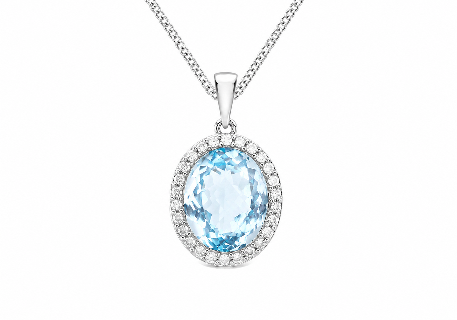 9ct White Gold 0.20ct Diamond & Oval Blue Topaz Pendant