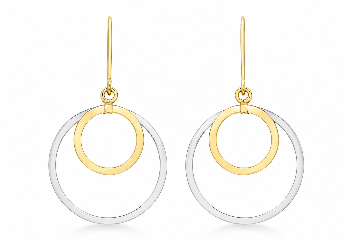 9ct двуцветни златни двойни обеци с халки