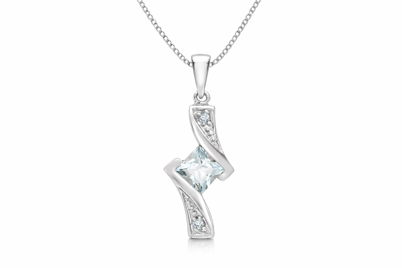 9ct White Gold 0.27ct Diamond & Aquamarine Wave Pendant