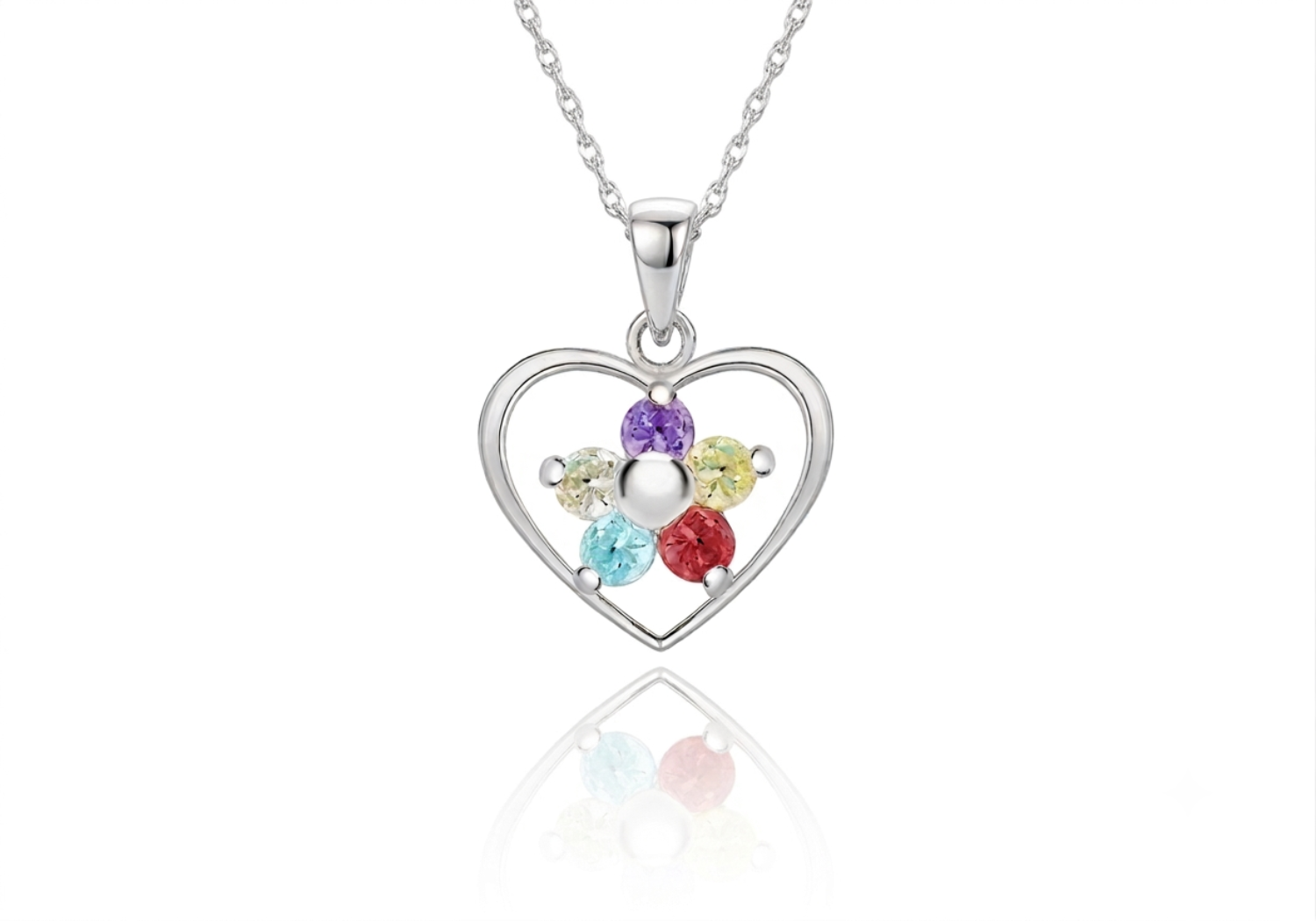 Sterling Silver Multicolour Zirconia Flower Heart Pendant