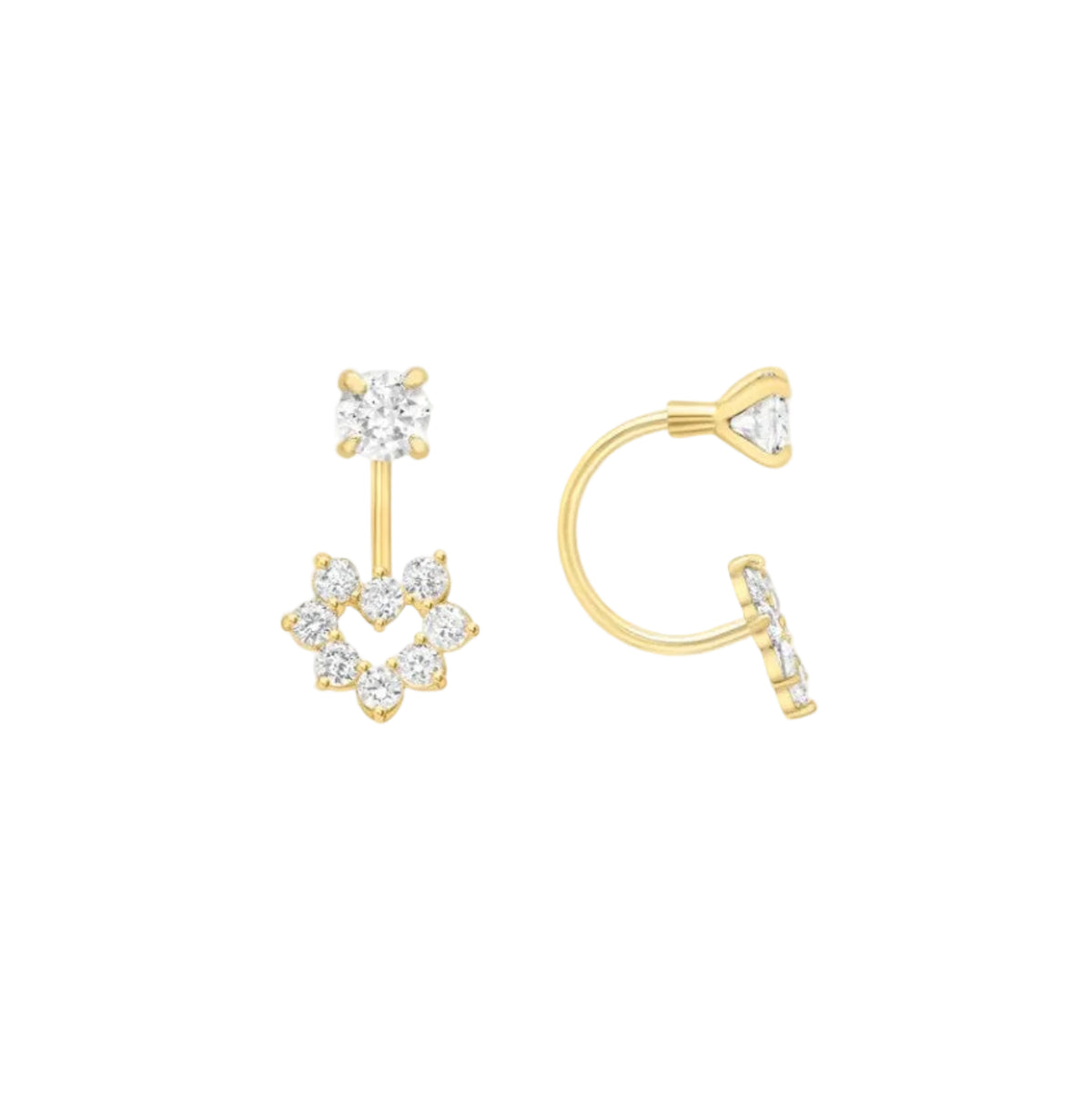 A pair of yellow gold hoop earrings with clear gemstones, shown on a clean light gray gradient background. One earring is shown front-facing, featuring a small round stone above a flower-like cluster of heart-shaped stones.