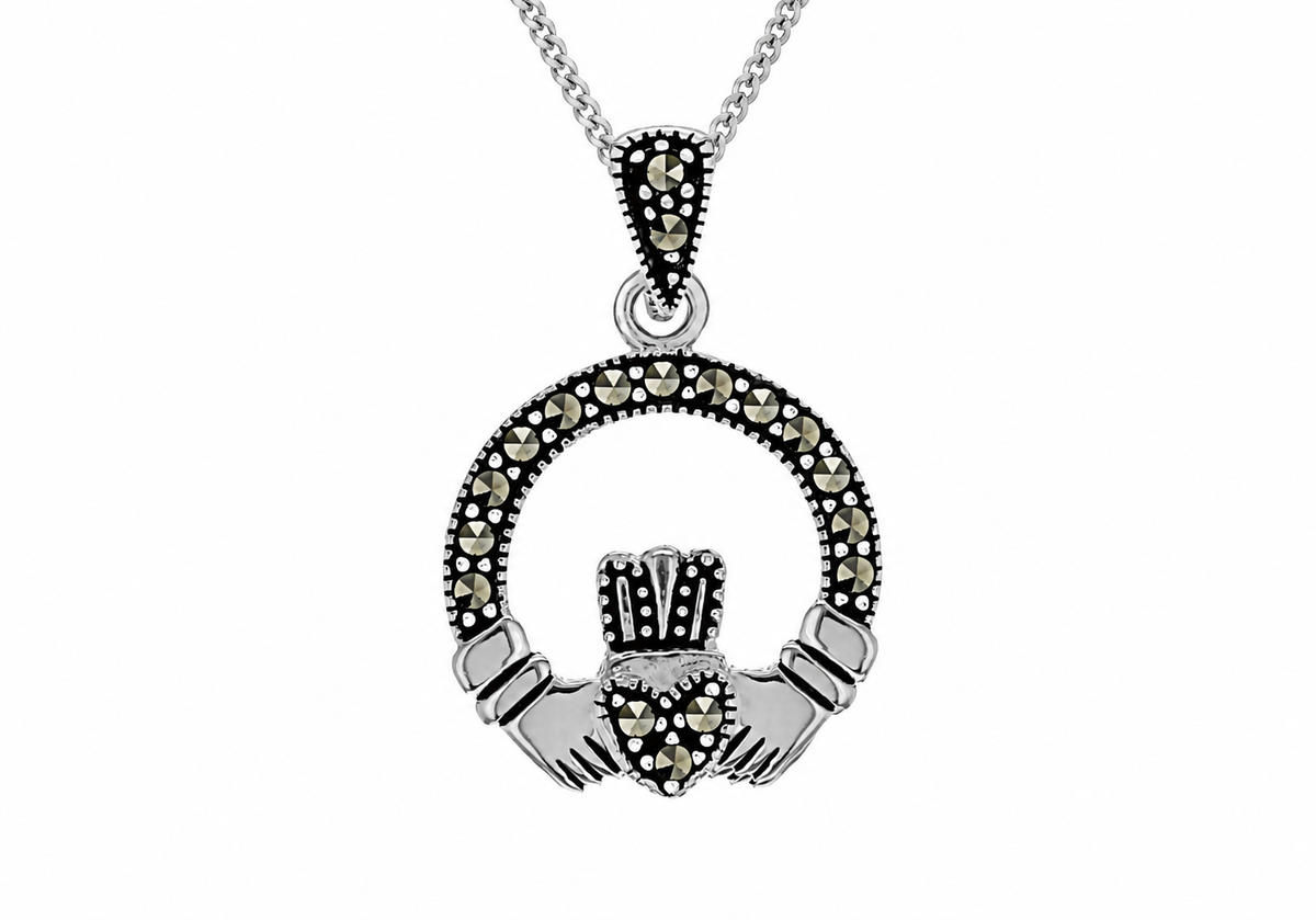 Sterling Silver Marcasite Gemstone Claddagh Pendant