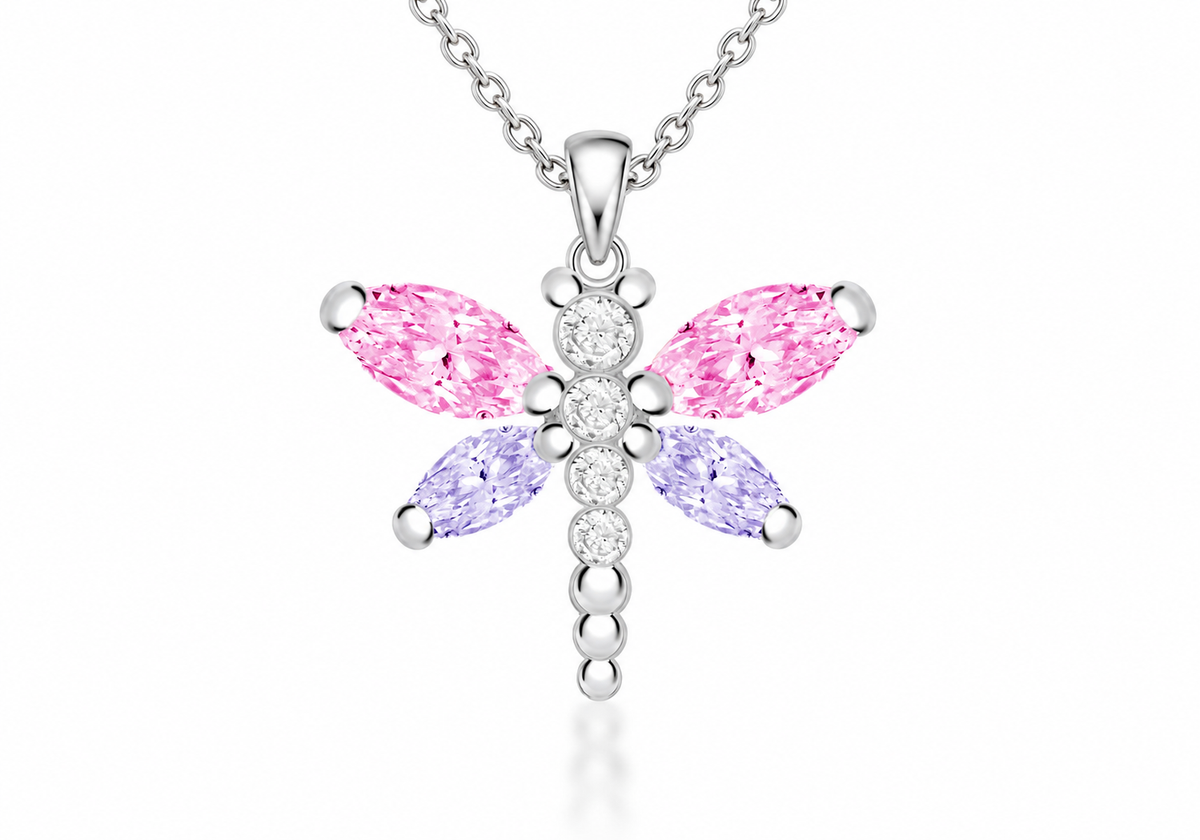 A silver dragonfly pendant necklace featuring marquise-cut pink and lavender gemstones with a central cluster of clear round stones, shown on a white background.