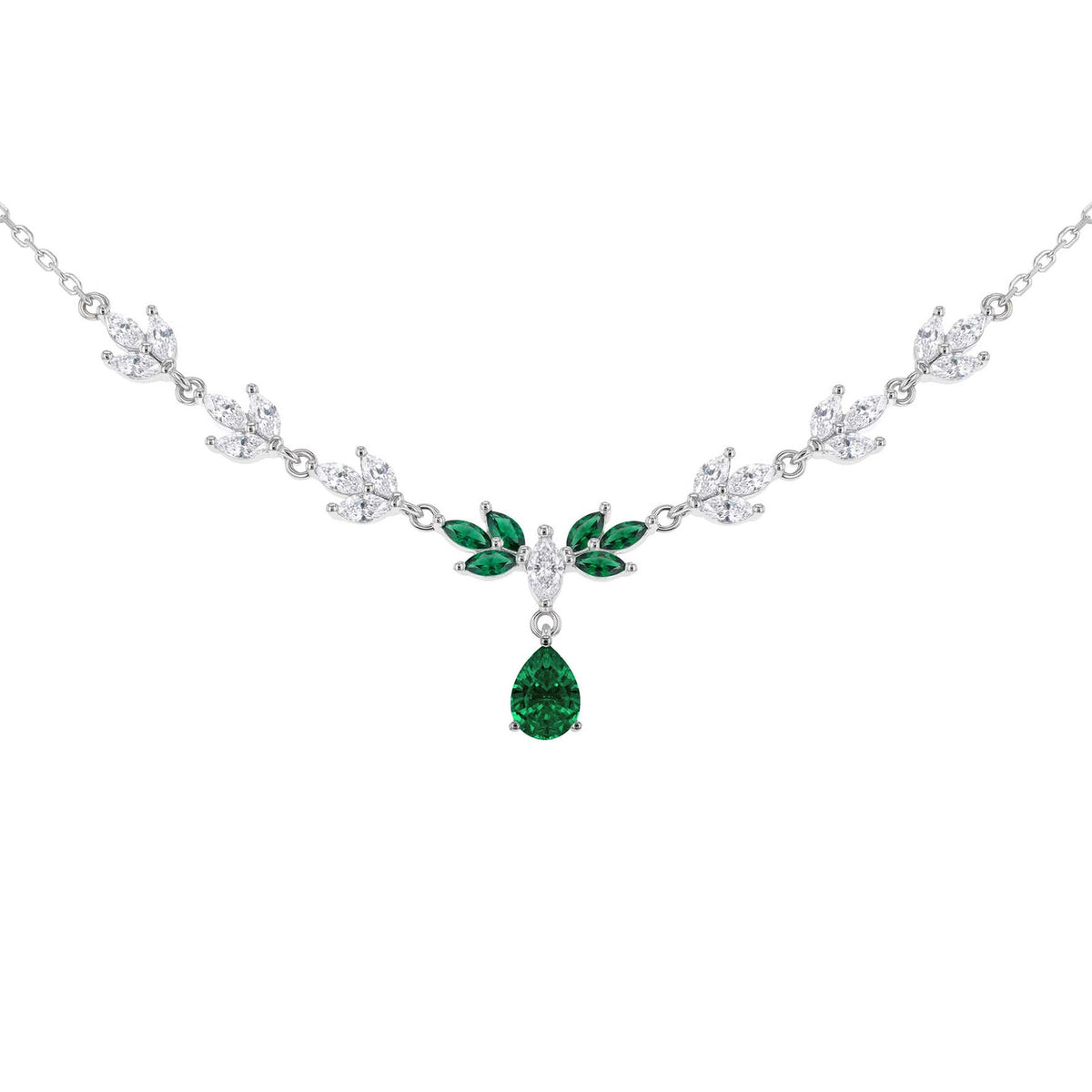 Silver-toned necklace featuring a leafy chain design with clear stones and a central green emerald pendant, shown on a plain white background.