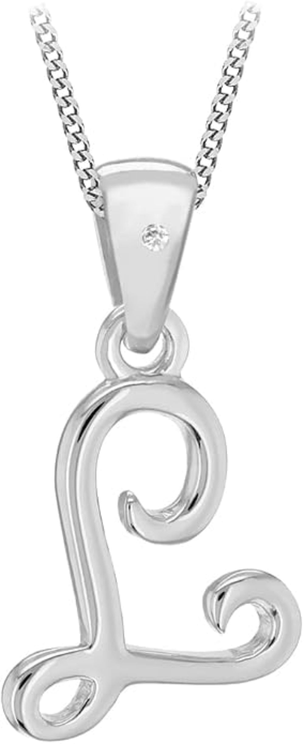 A sterling silver initial pendant necklace featuring the letter 'L' in a polished, openwork script design, suspended from a matching silver chain with a small clear stone accent on the bail.