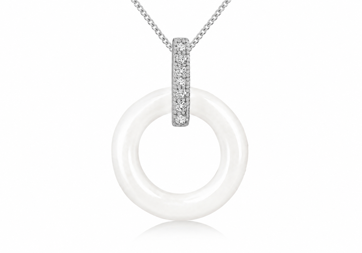 Sterling Silver Rhodium Plated White Ceramic Zirconia Set Pendant