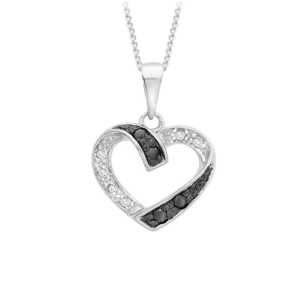 9ct White Gold 0.10ct Black & White Diamond Heart Pendant