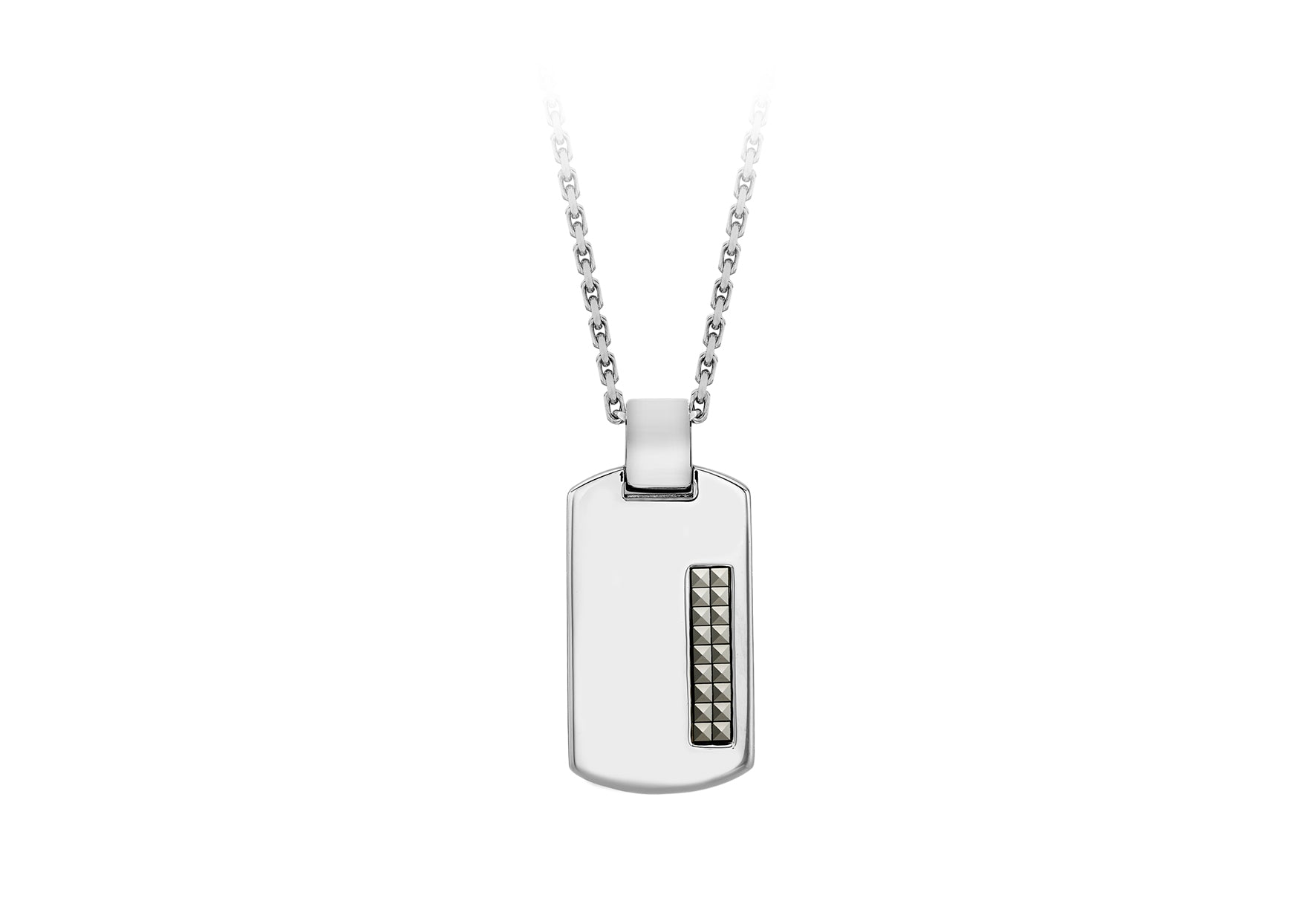 Hoxton London Men's Sterling Silver Pyramid Marasite-Set Dog Tag Adjustable Necklace