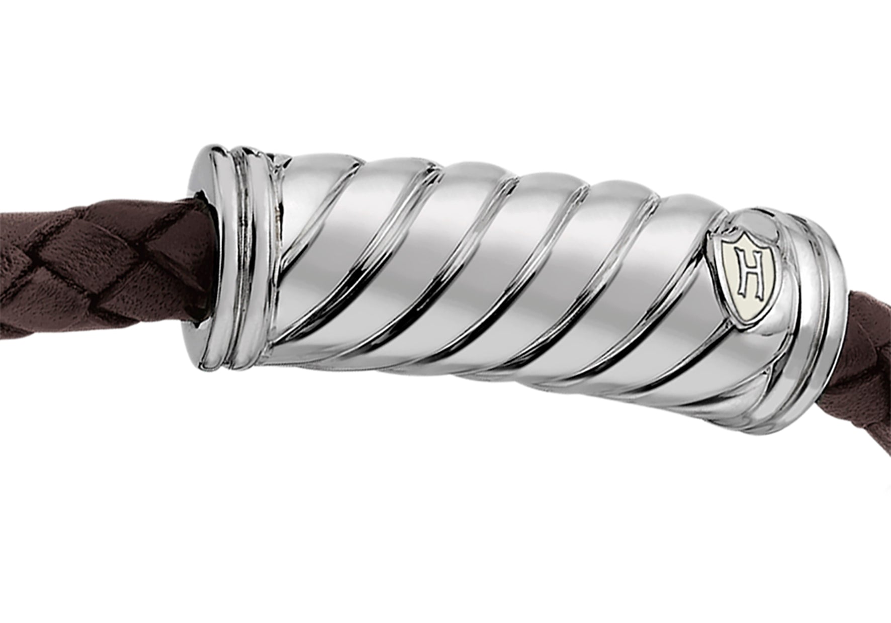 Hoxton London Men's Sterling Silver Twist Plaited Leather Silver Magnetic Bracelet