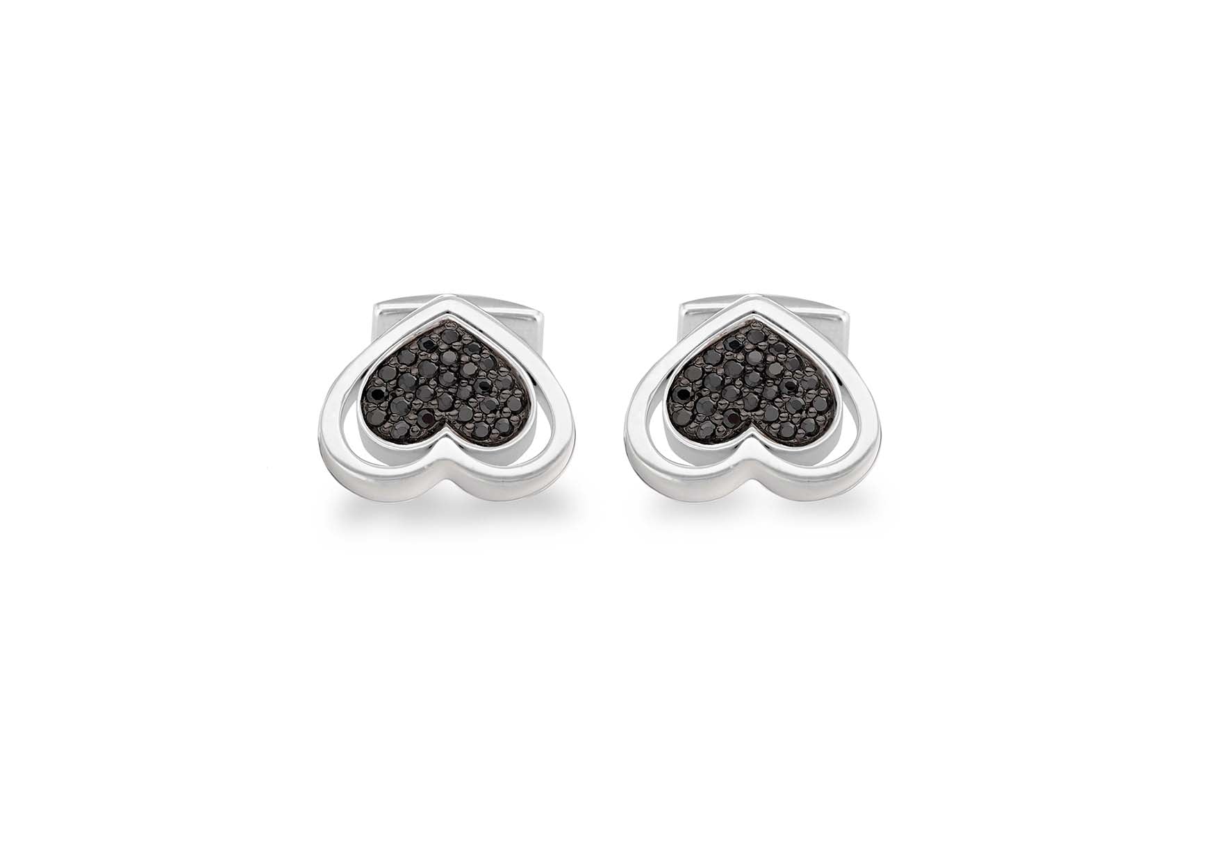 Hoxton London Men's Sterling Silver Heart Black Zirconia Cufflinks