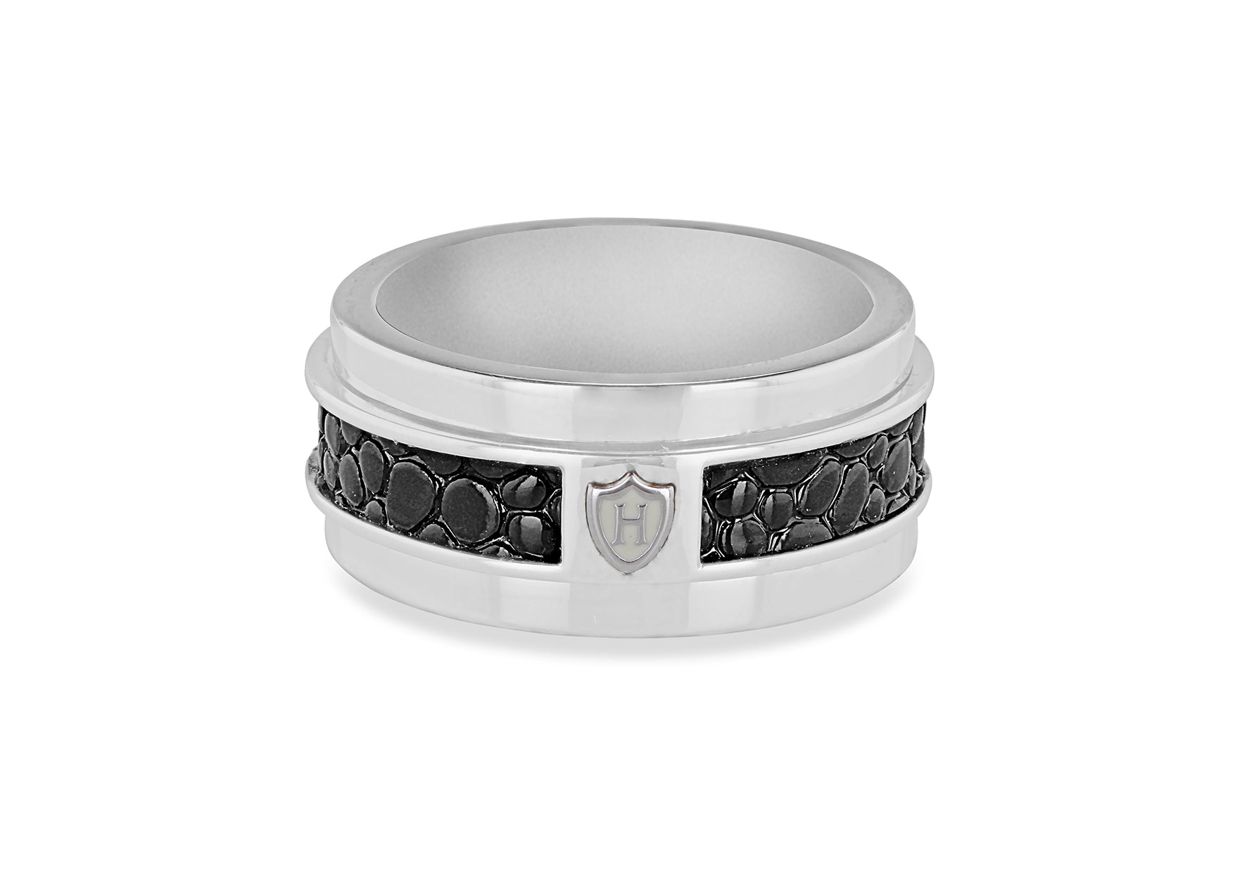 Hoxton London Men's Sterling Silver Black Leather Spinning Ring