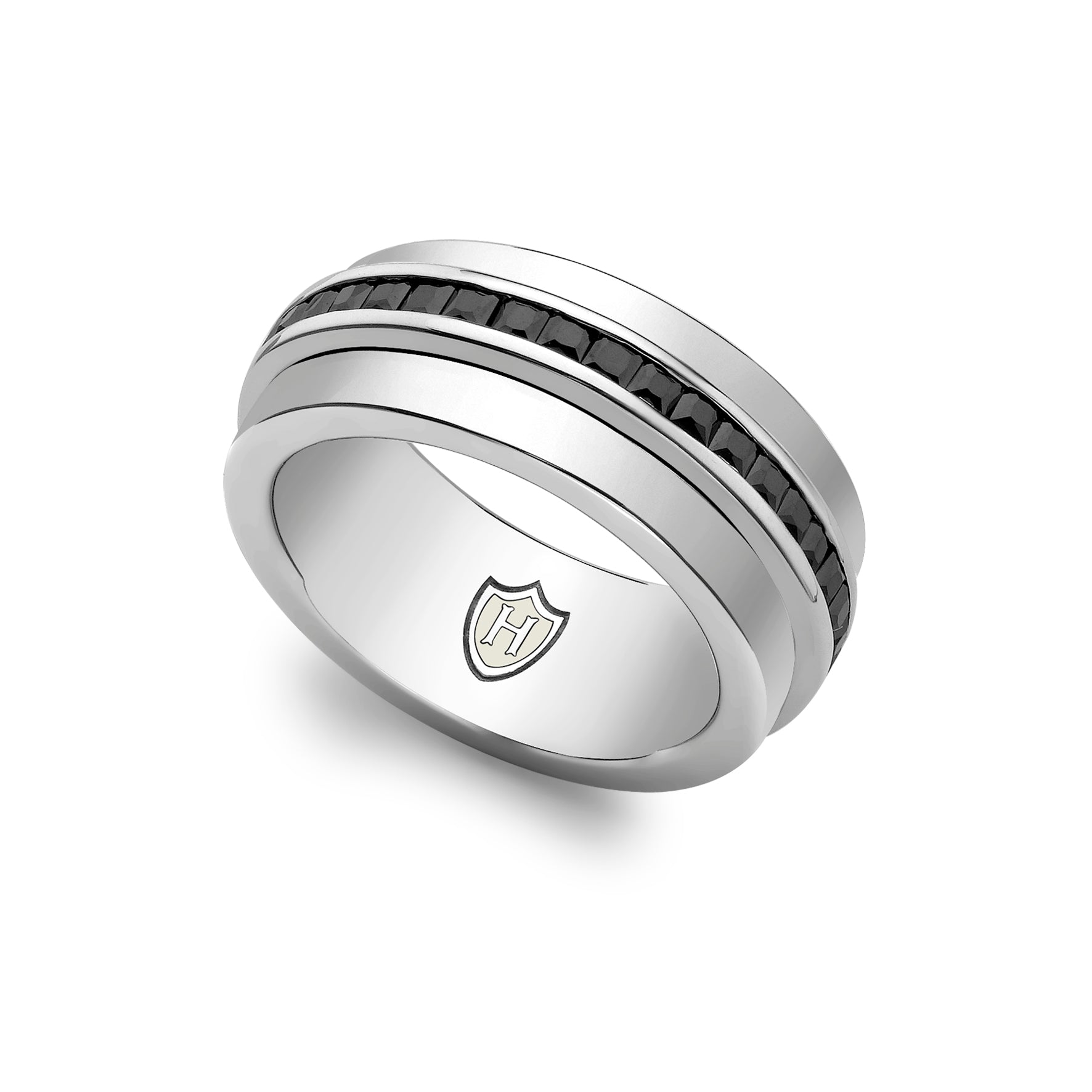 Hoxton London Men's Sterling Silver Stone Black Zirconia Spinning Ring